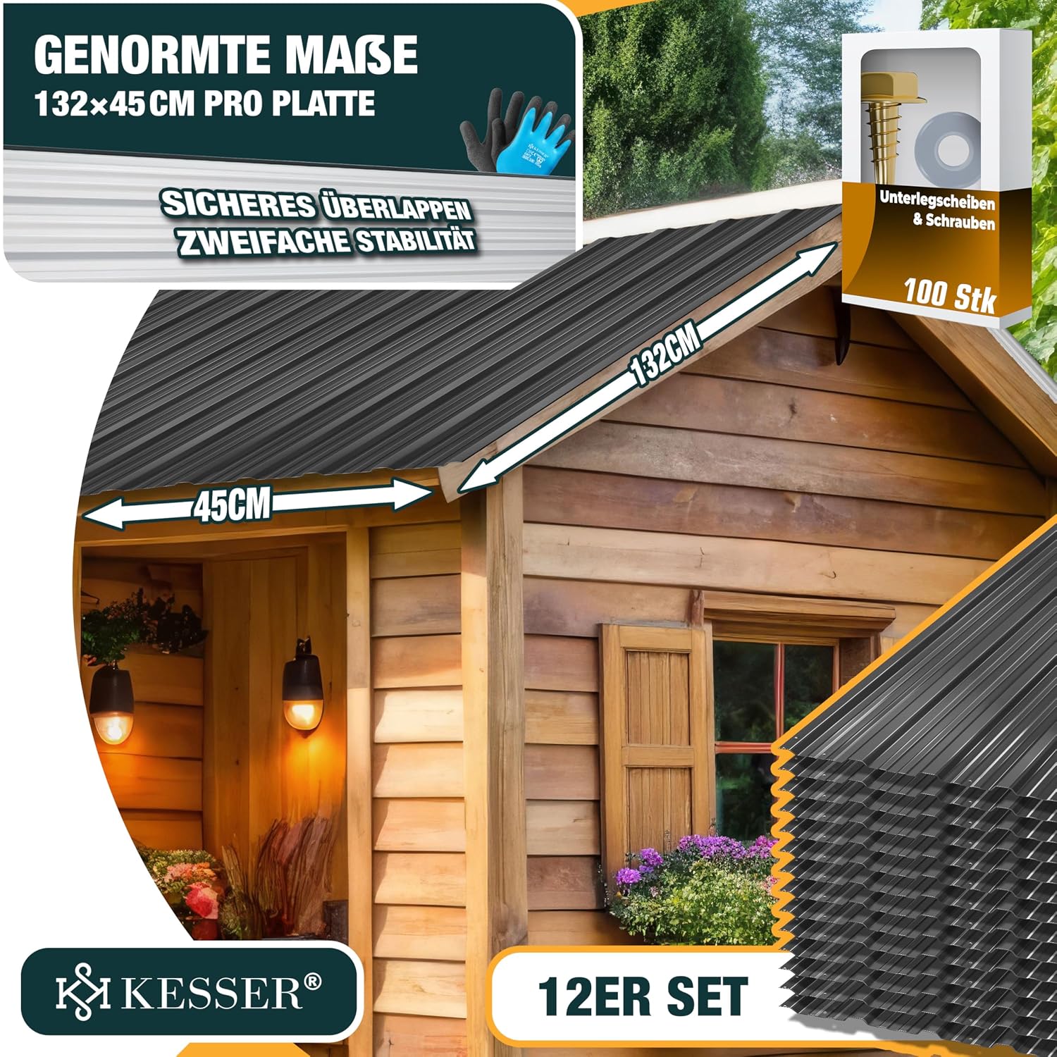 KESSER® 12 Stück Trapezblech Profilblech Set 129x45cm, 7 m2 Dachblech verzinkter Stahl 0,25mm, Dachplatten für Gerätehaus, Schuppen & Dach + Schrauben, Unterlegscheiben & Montagehandschuhe, Anthrazit — Ansicht 2