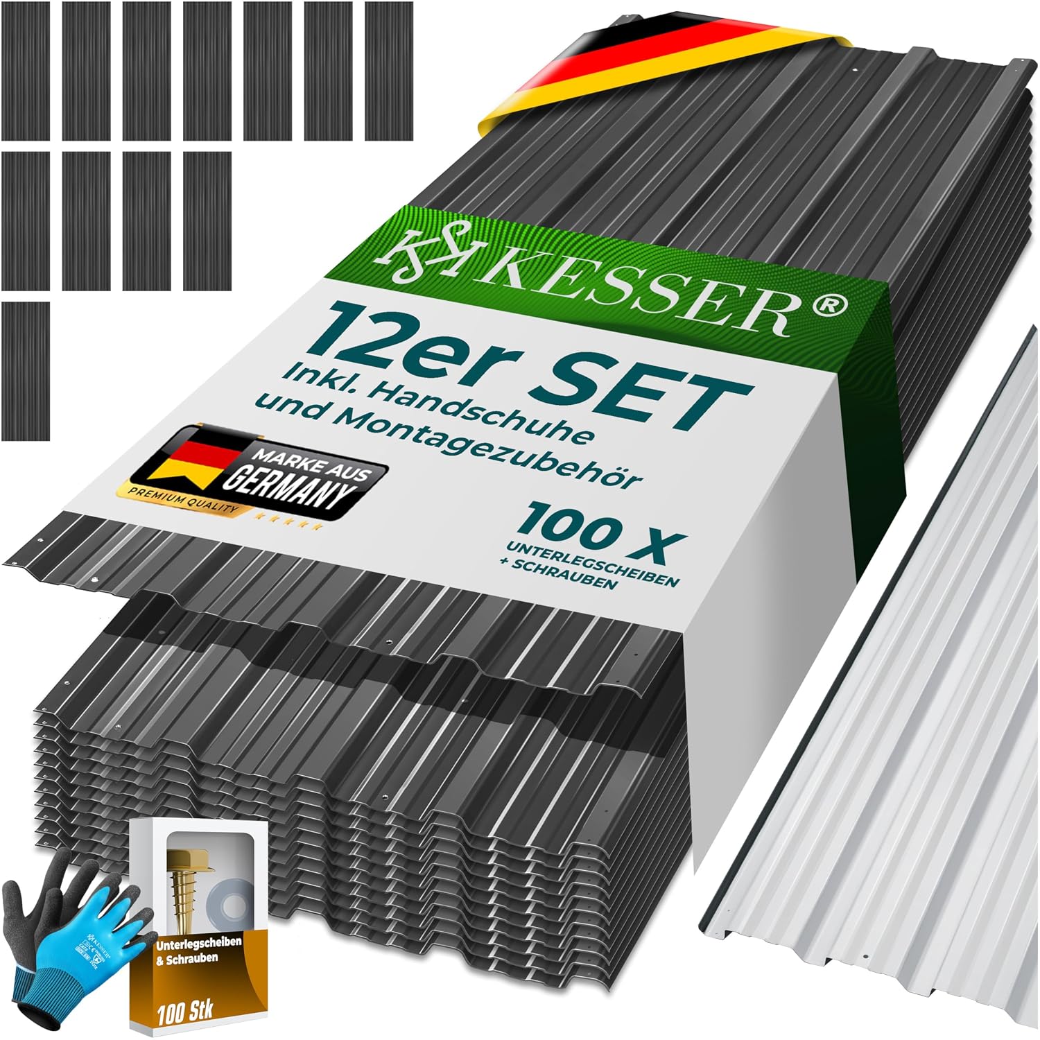 KESSER® 12 Stück Trapezblech Profilblech Set 129x45cm, 7 m2 Dachblech verzinkter Stahl 0,25mm, Dachplatten für Gerätehaus, Schuppen & Dach + Schrauben, Unterlegscheiben & Montagehandschuhe, Anthrazit
