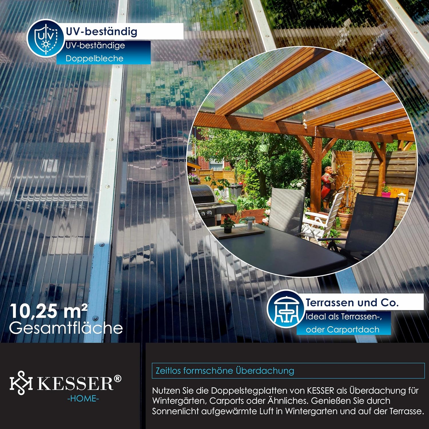 KESSER® 14x Polycarbonat Hohlkammerstegplatten 4mm | 10,25m2 Doppelstegplatte - 60,5 x 121 | Stegplatten UV-beständig Für Gewächshaus Gartenbau Carports | 50xKlammern, 50xZ-Clips & 30xGewächshausclips — Ansicht 4