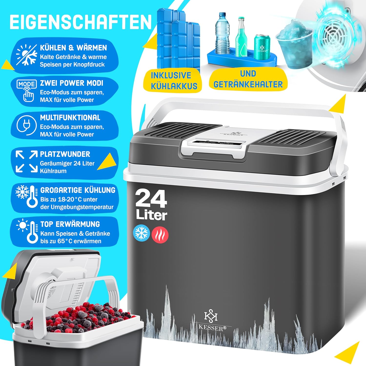 KESSER® 24 Liter Kühlbox | KÜHLT und WÄRMT | Thermo-Elektrische Kühlbox 12 Volt und 230 Volt | Thermobox für Auto, Boot & Camping | Mini-Kühlschrank mit ECO & MAX Modus | — Ansicht 2