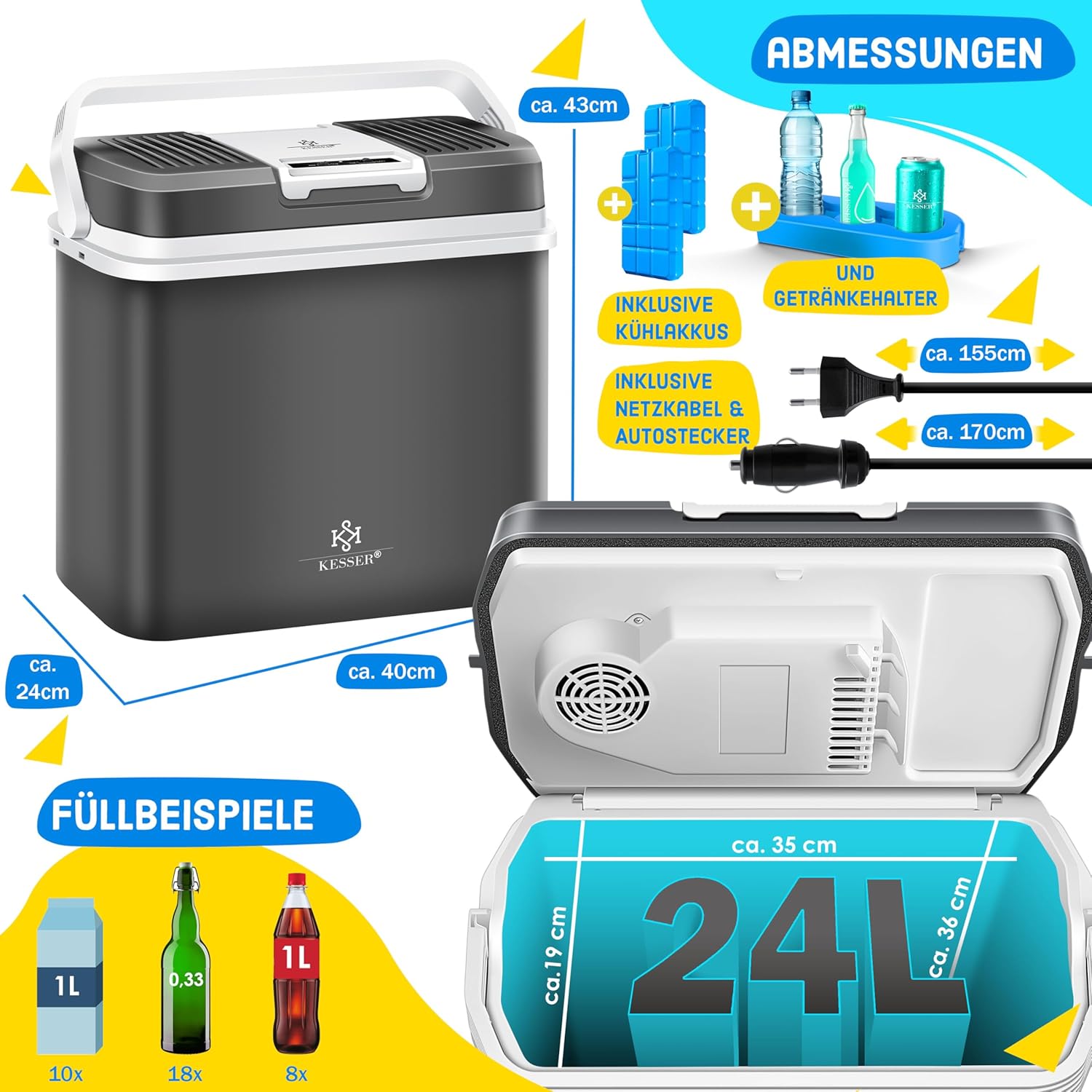 KESSER® 24 Liter Kühlbox | KÜHLT und WÄRMT | Thermo-Elektrische Kühlbox 12 Volt und 230 Volt | Thermobox für Auto, Boot & Camping | Mini-Kühlschrank mit ECO & MAX Modus | — Ansicht 6