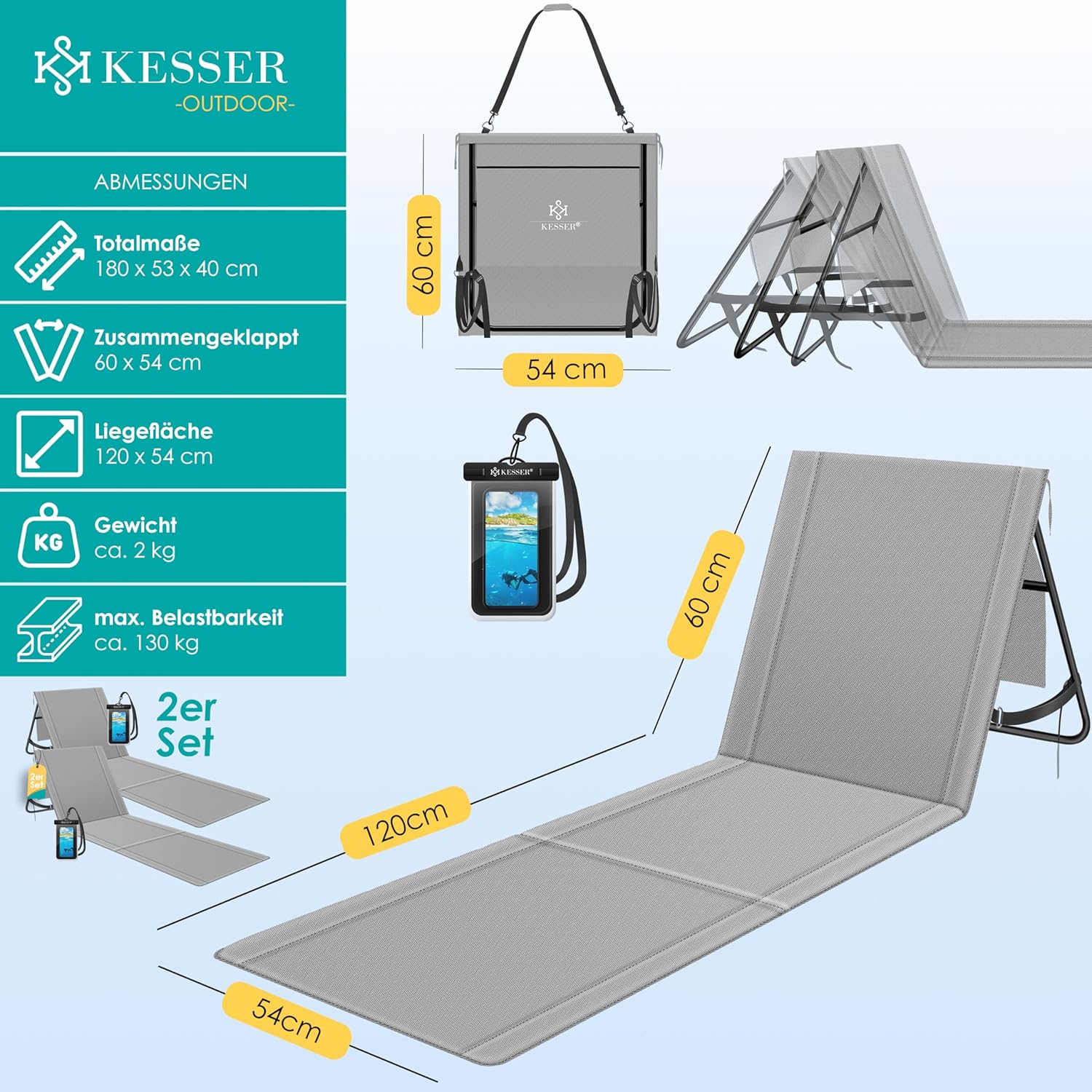 KESSER® 2er Set Strandmatte klappbar mit Verstellbarer Rückenlehne, Tragegurt, wasserdichter Tasche & Aufbewahrung – Faltbare Sonnenliege für Strand, Garten & Terrasse je 130 kg belastbar — Ansicht 2