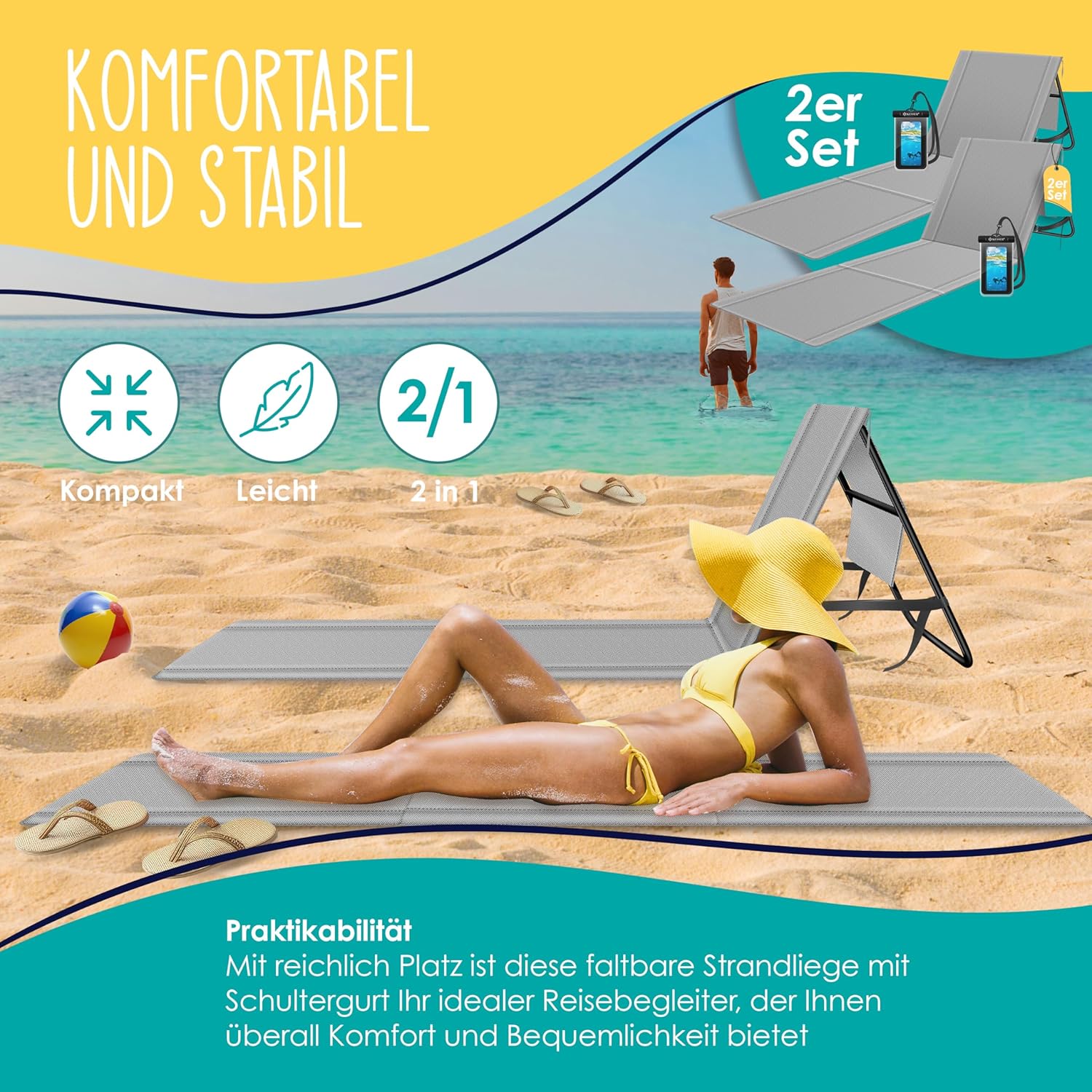 KESSER® 2er Set Strandmatte klappbar mit Verstellbarer Rückenlehne, Tragegurt, wasserdichter Tasche & Aufbewahrung – Faltbare Sonnenliege für Strand, Garten & Terrasse je 130 kg belastbar — Ansicht 3