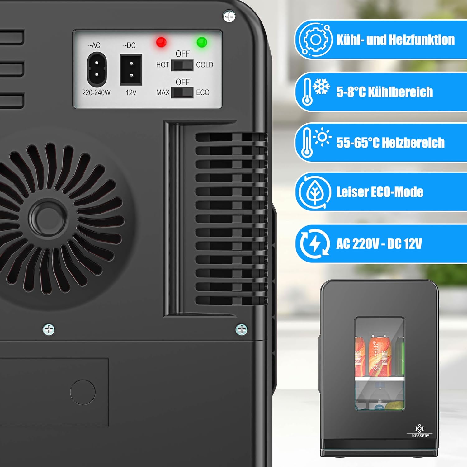 KESSER® 2in1 Mini Kühlschrank Kühlbox 15 Liter Kühl und Heizfunktion Tragbarer AC DC 220-240V/12V Steckdose und Zigarettenanzünder Warmhaltebox Thermobox Auto Büros Zimmer Camping Garten Schwarz — Ansicht 3