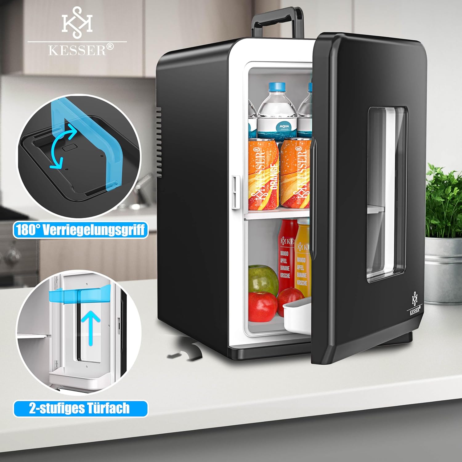 KESSER® 2in1 Mini Kühlschrank Kühlbox 15 Liter Kühl und Heizfunktion Tragbarer AC DC 220-240V/12V Steckdose und Zigarettenanzünder Warmhaltebox Thermobox Auto Büros Zimmer Camping Garten Schwarz — Ansicht 4