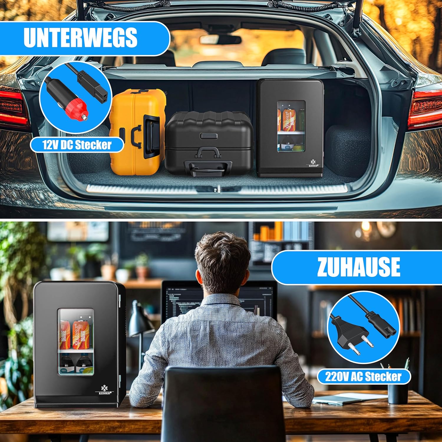 KESSER® 2in1 Mini Kühlschrank Kühlbox 15 Liter Kühl und Heizfunktion Tragbarer AC DC 220-240V/12V Steckdose und Zigarettenanzünder Warmhaltebox Thermobox Auto Büros Zimmer Camping Garten Schwarz — Ansicht 6