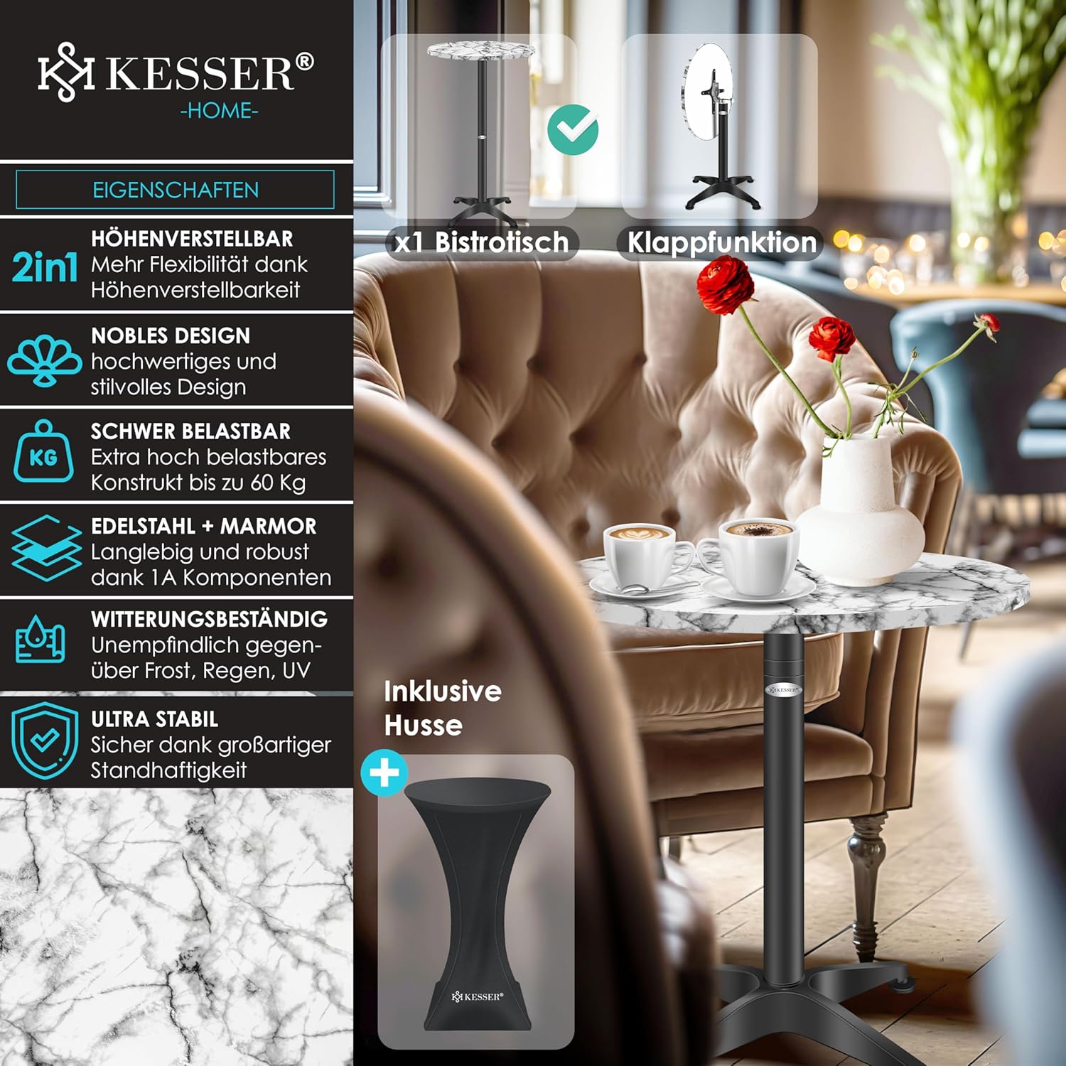 KESSER® 2in1 Stehtisch klappbar Bistrotisch 1er Set | Aluminium Edelstahlplatte | höhenverstellbar 70cm / 115cm | Partytisch Tisch Ø 80cm | In- & Outdoor Empfangstisch | Klapptisch mit Husse Marmor — Ansicht 3