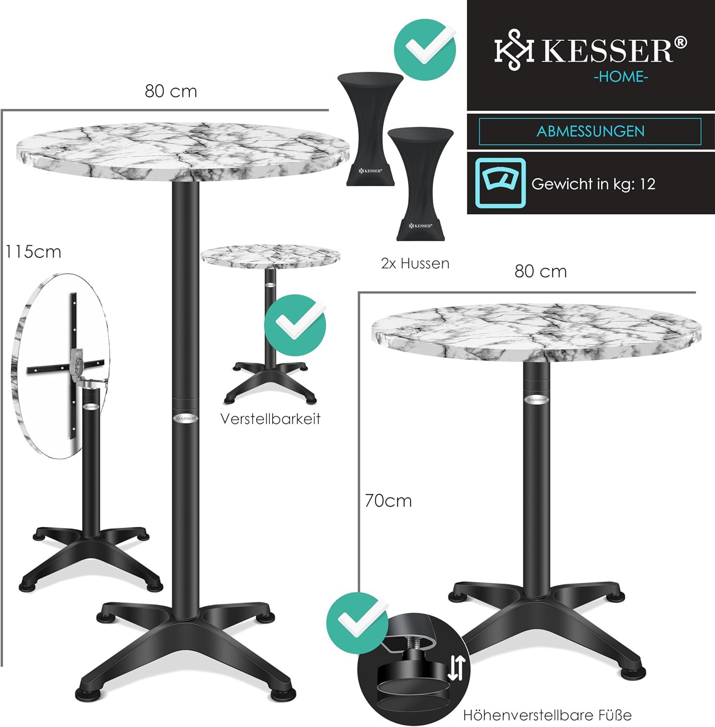 KESSER® 2in1 Stehtisch klappbar Bistrotisch 2er Set | Aluminium Edelstahlplatte | höhenverstellbar 70cm / 115cm | Partytisch Tisch Ø 80cm | In- & Outdoor Empfangstisch | Klapptisch mit Husse Marmor — Ansicht 2