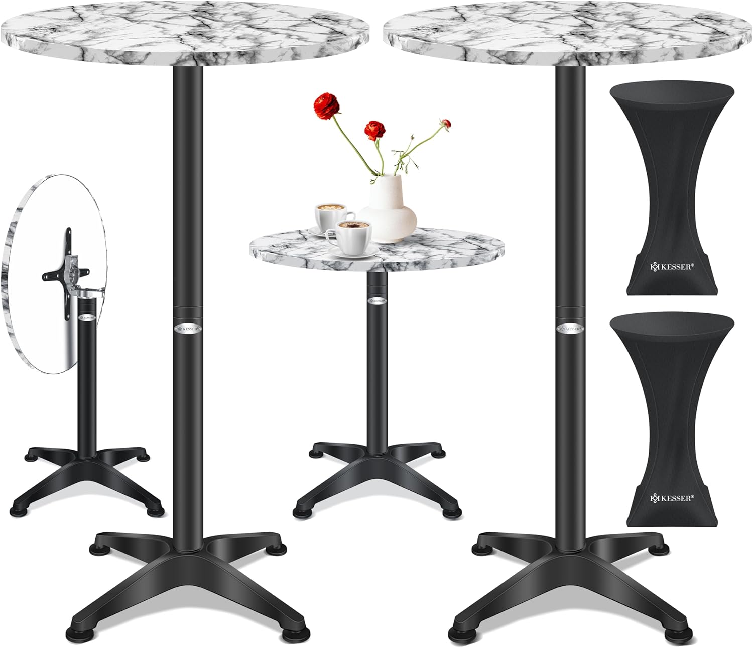 KESSER® 2in1 Stehtisch klappbar Bistrotisch 2er Set | Aluminium Edelstahlplatte | höhenverstellbar 70cm / 115cm | Partytisch Tisch Ø 80cm | In- & Outdoor Empfangstisch | Klapptisch mit Husse Marmor