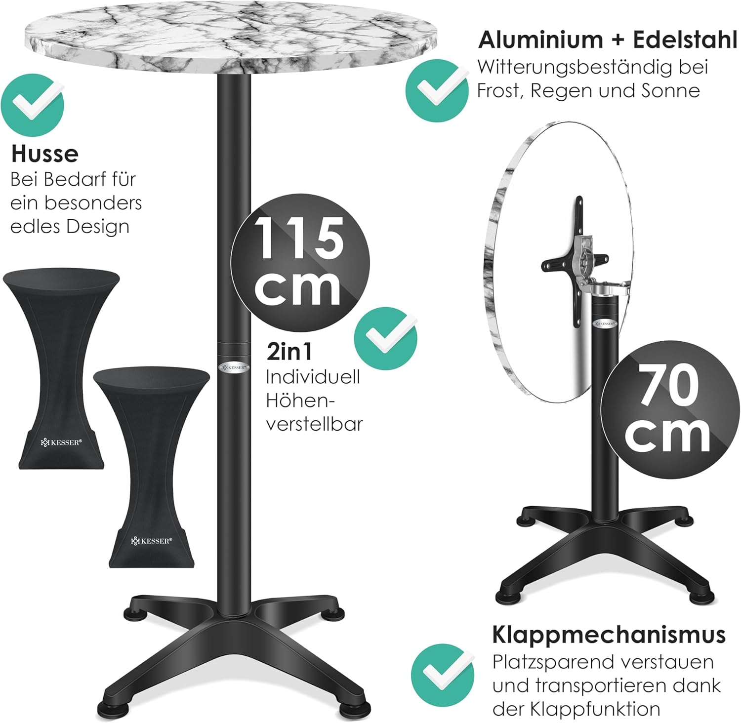 KESSER® 2in1 Stehtisch klappbar Bistrotisch 2er Set | Aluminium Edelstahlplatte | höhenverstellbar 70cm / 115cm | Partytisch Tisch Ø 80cm | In- & Outdoor Empfangstisch | Klapptisch mit Husse Marmor — Ansicht 5