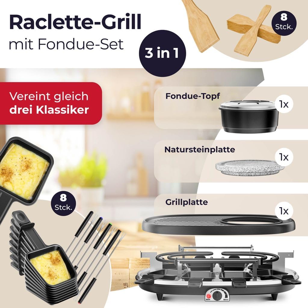 KESSER® 3in1 Raclette-Grill mit Naturgrillstein, Grillplatte und Fondue, Tischgrill für 8 Personen, Elektrogrill Raclette Grill antihaftbeschichteter Grillplatte, 8 Pfannen und Holzspatel — Ansicht 2