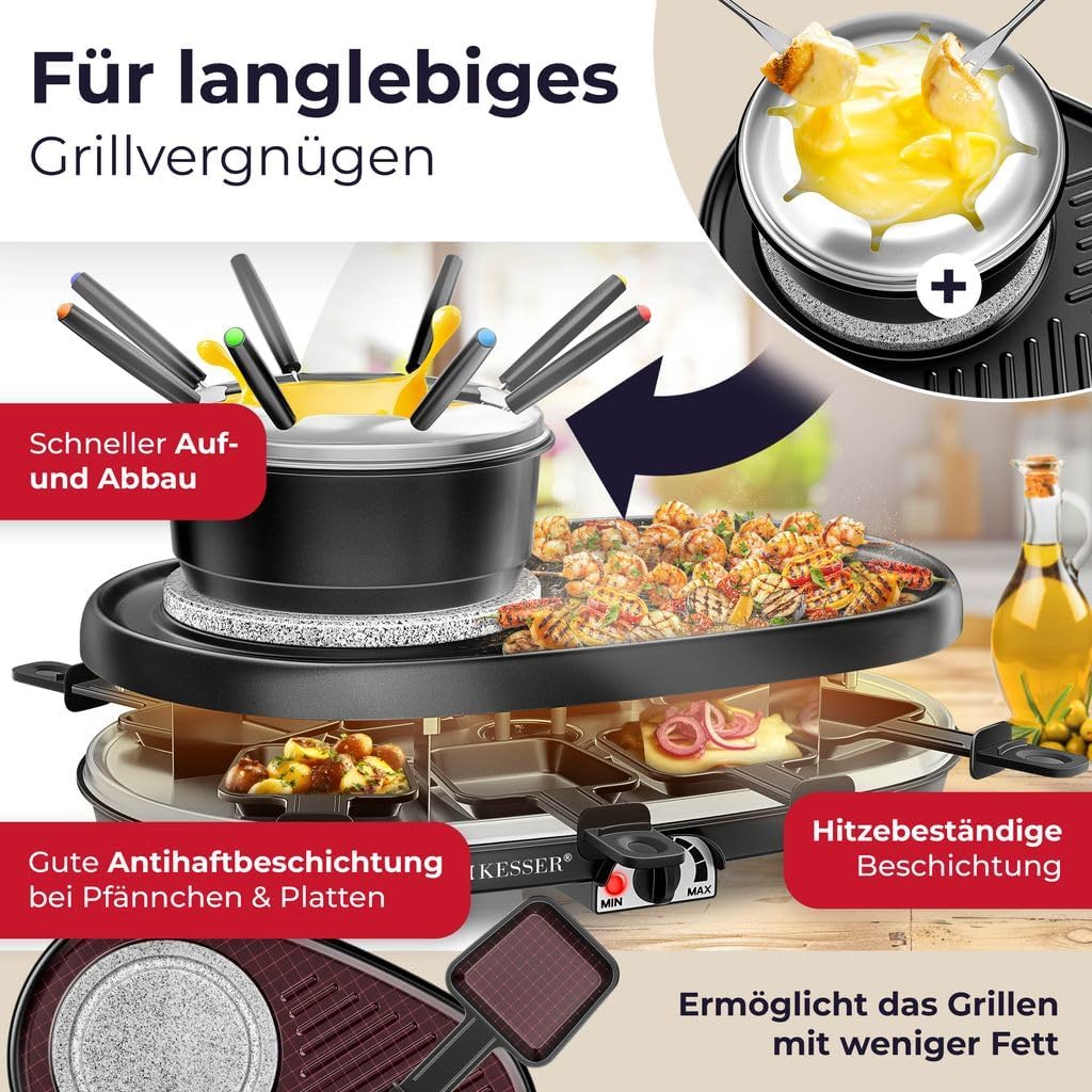 KESSER® 3in1 Raclette-Grill mit Naturgrillstein, Grillplatte und Fondue, Tischgrill für 8 Personen, Elektrogrill Raclette Grill antihaftbeschichteter Grillplatte, 8 Pfannen und Holzspatel — Ansicht 3