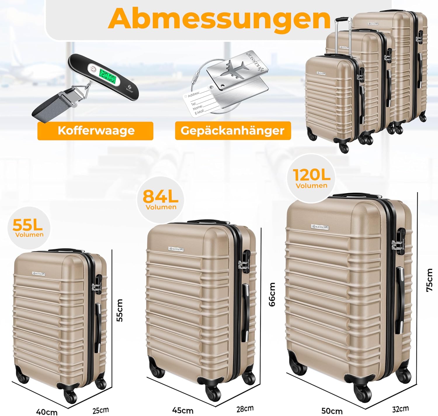 KESSER® 3tlg. Hartschalenkofferset Hartschalenkoffer Reisekoffer Set Reisekofferset Trolley Koffer 4 Rollen ABS-Hartschale Teleskopgriff Inkl. Kofferwaage + Gepäckanhänger Rollkoffer Schloss, M-L-XL — Ansicht 2