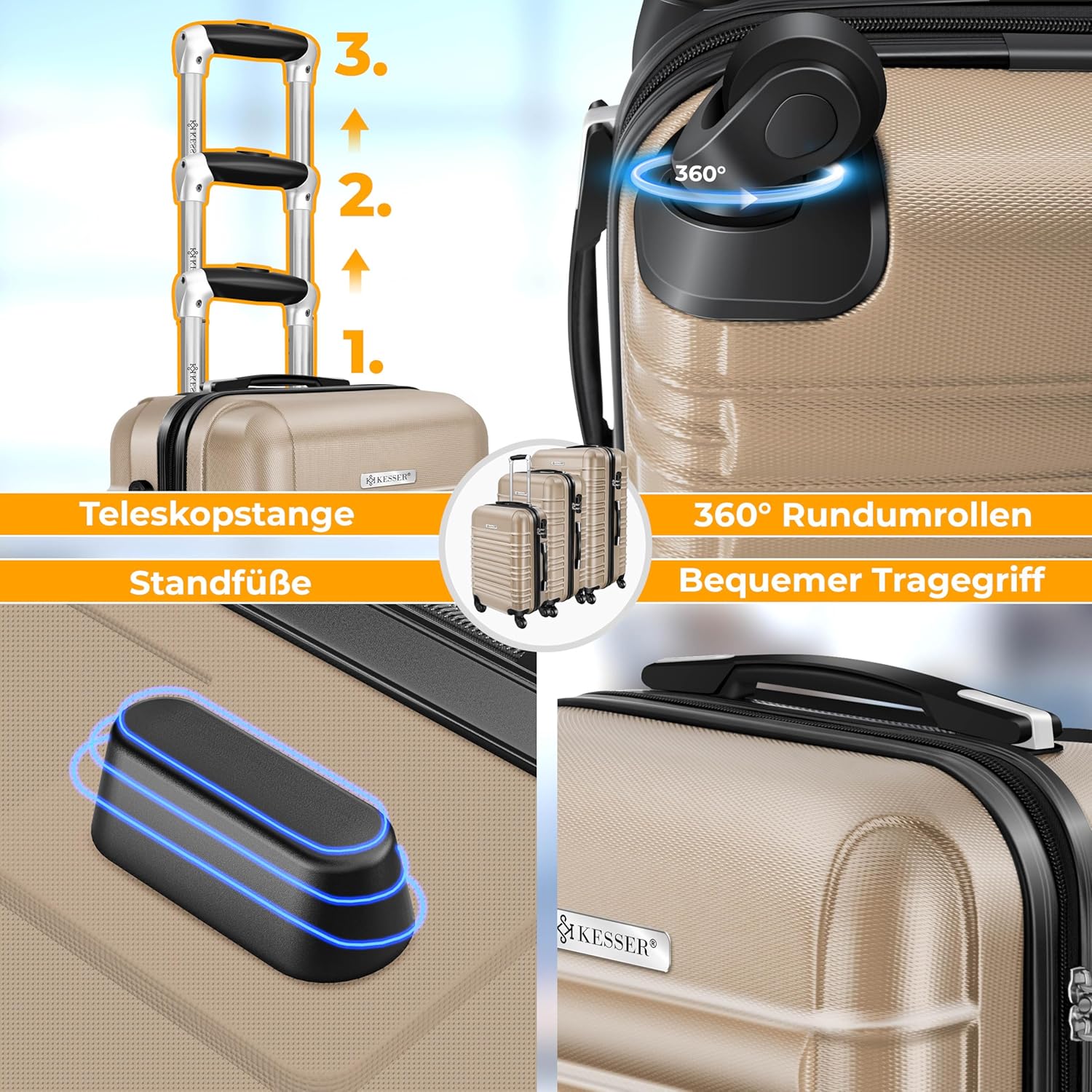 KESSER® 3tlg. Hartschalenkofferset Hartschalenkoffer Reisekoffer Set Reisekofferset Trolley Koffer 4 Rollen ABS-Hartschale Teleskopgriff Inkl. Kofferwaage + Gepäckanhänger Rollkoffer Schloss, M-L-XL — Ansicht 5