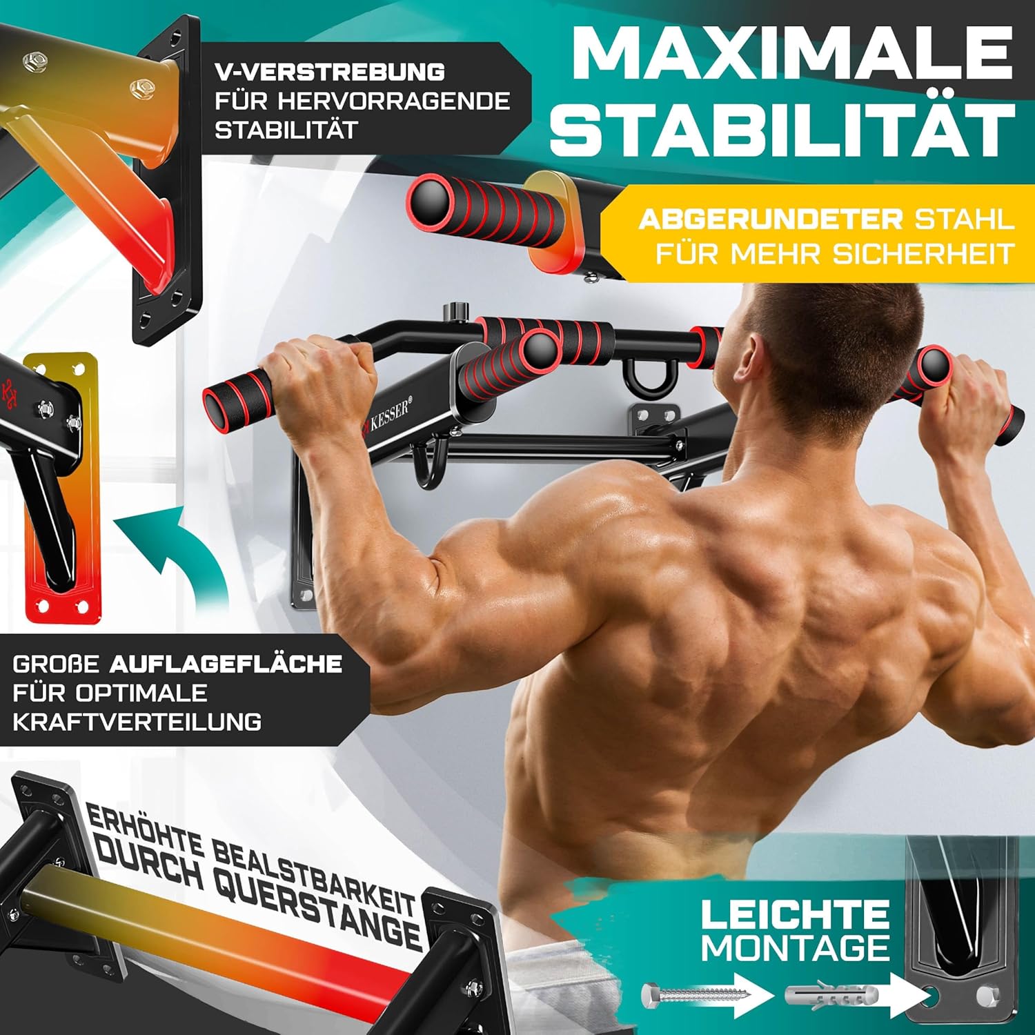 KESSER® 4in1 Klimmzugstange zur Wandmontage rutschfesten Griffen zusätzliche Funktion für Seile Ringe und Boxsäcke mit verschiedenen Griffpositionen | sicher & stabil | Pull Up Bar für zuhause — Ansicht 3