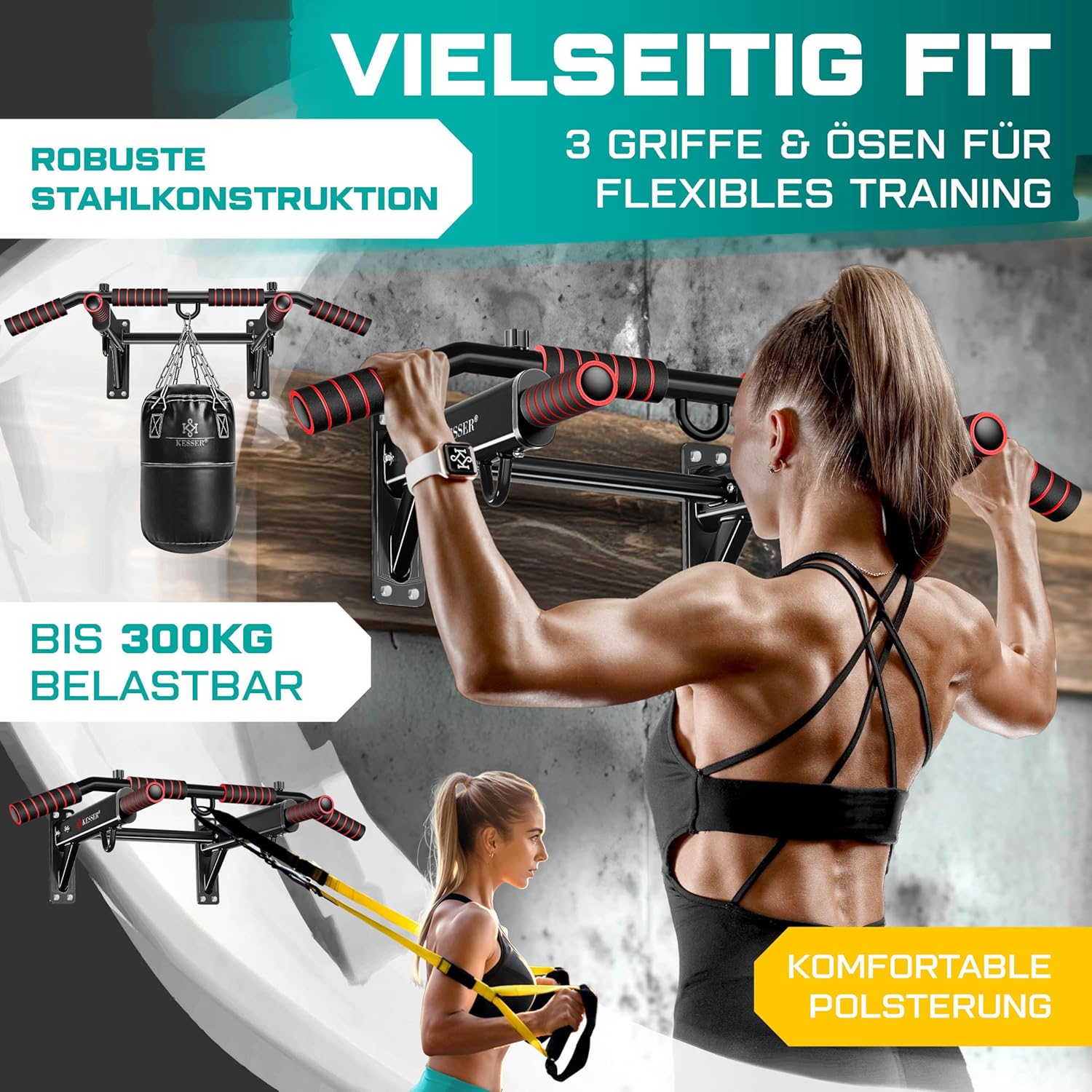 KESSER® 4in1 Klimmzugstange zur Wandmontage rutschfesten Griffen zusätzliche Funktion für Seile Ringe und Boxsäcke mit verschiedenen Griffpositionen | sicher & stabil | Pull Up Bar für zuhause — Ansicht 4