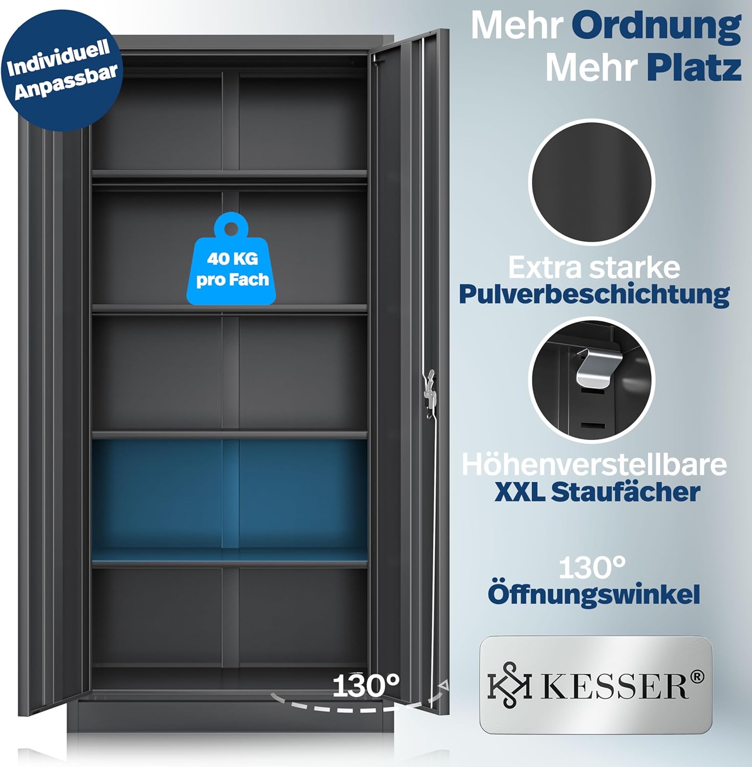 KESSER® Aktenschrank abschließbar mit Flügeltüren 180x80x40cm | Büroschrank aus Stahl mit 4 höhenverstellbaren Einlegeböden | Mehrzweckschrank 5 flexible Fächer, max. 40 kg pro Fach, inkl. 2 Schlüssel — Ansicht 3