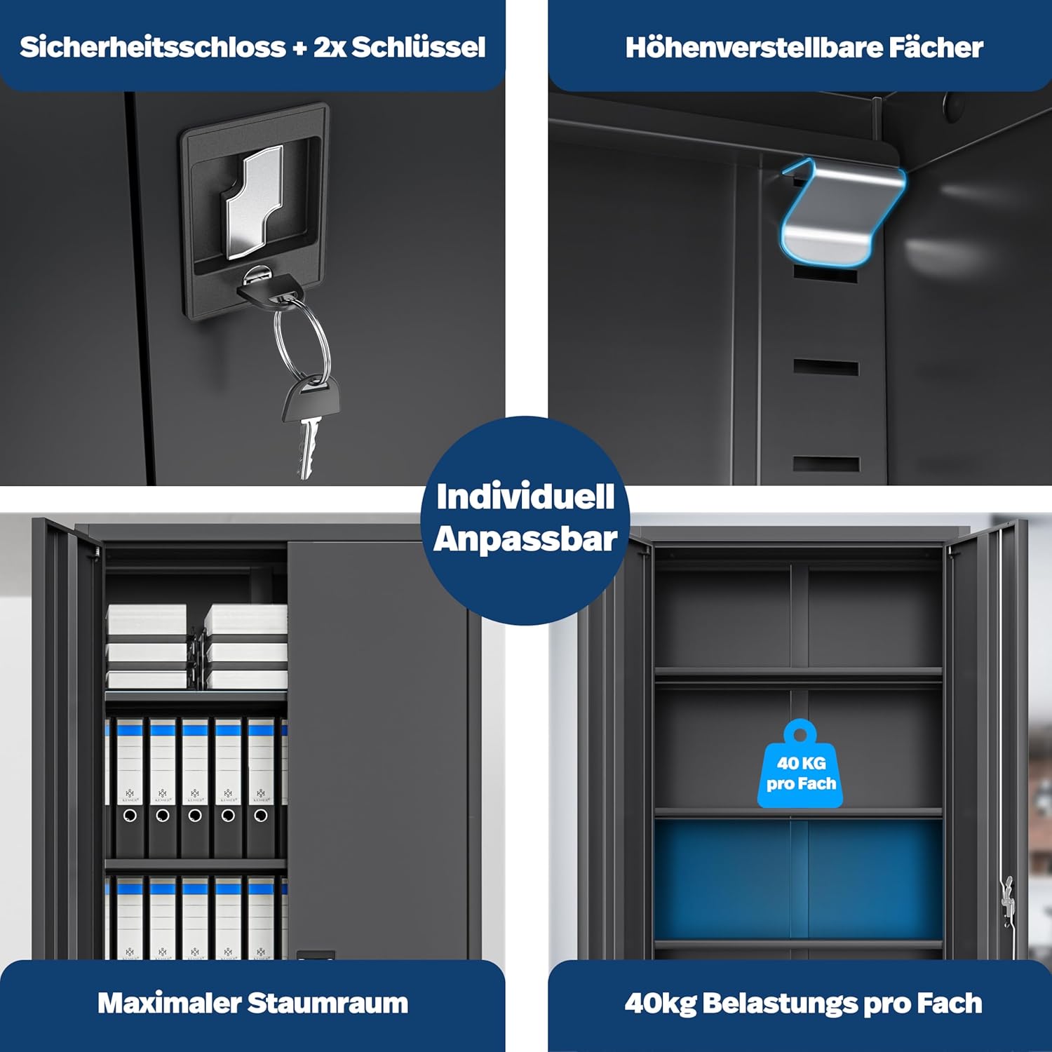 KESSER® Aktenschrank abschließbar mit Flügeltüren 180x80x40cm | Büroschrank aus Stahl mit 4 höhenverstellbaren Einlegeböden | Mehrzweckschrank 5 flexible Fächer, max. 40 kg pro Fach, inkl. 2 Schlüssel — Ansicht 6