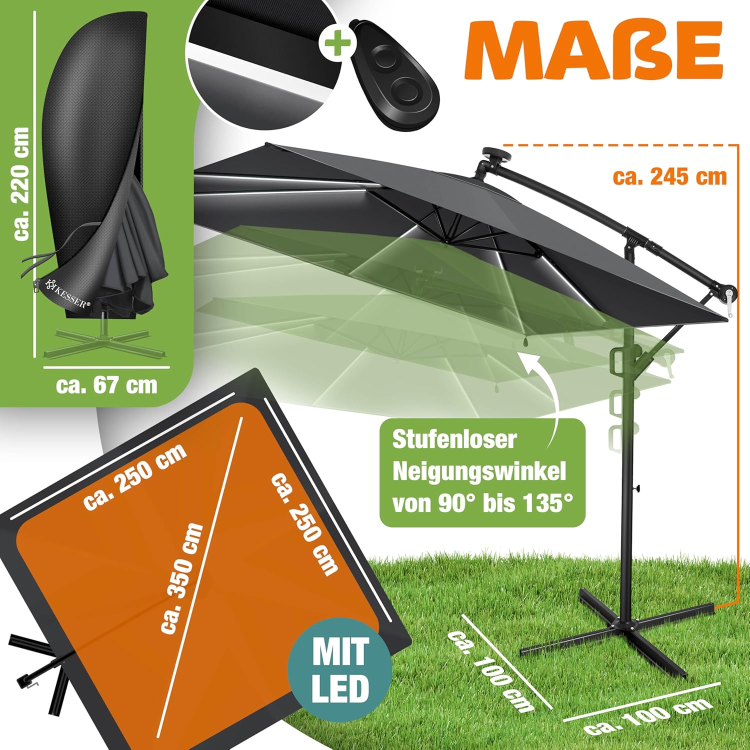 KESSER® Ampelschirm Sonnenschirm Rechteckig | Kurbel-Schirm mit Ständer UV-Schutz Aluminium Wasserabweisend 250 x 250 cm Gartenschirm, inkl. Windsicherung & Abdeckung, Anthrazit — Ansicht 2