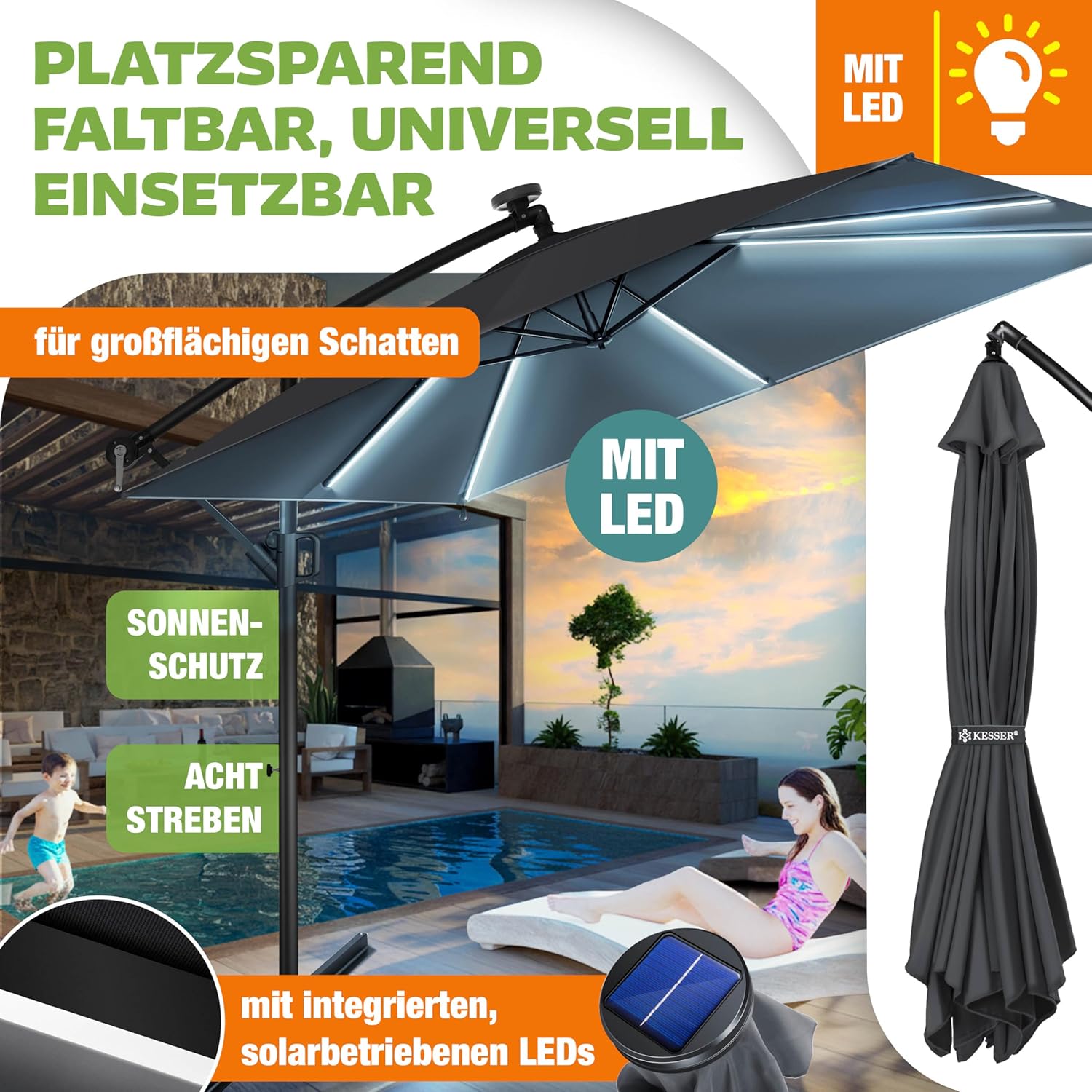 KESSER® Ampelschirm Sonnenschirm Rechteckig | Kurbel-Schirm mit Ständer UV-Schutz Aluminium Wasserabweisend 250 x 250 cm Gartenschirm, inkl. Windsicherung & Abdeckung, Anthrazit — Ansicht 4