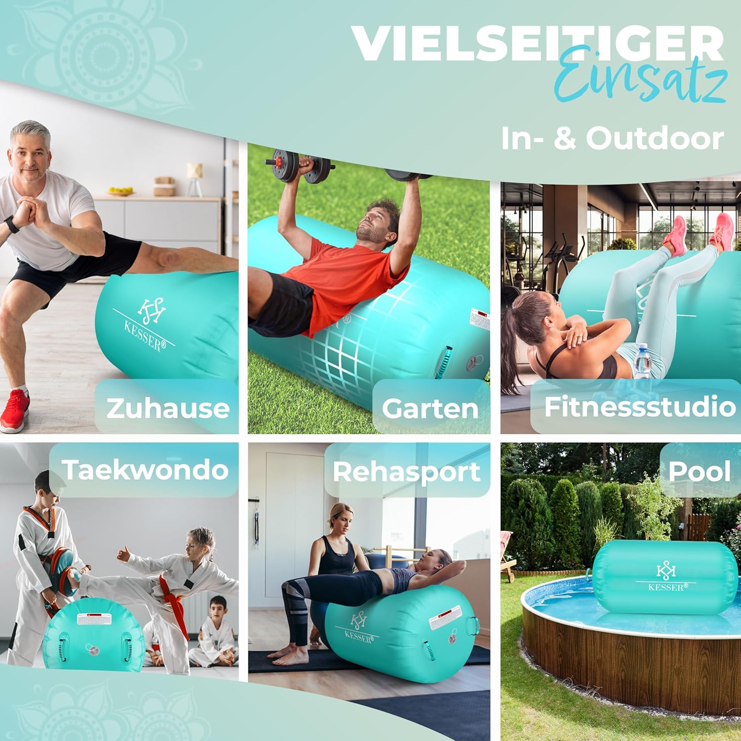 KESSER® Aufblasbare Airtrack | inkl. Tragetasche & elektr. Luftpumpe | Barrel Tumbling, Yoga, Fitnessmatte, Trainingshilfe, Turnmatte, Balance Trainer, Sportmatte, Gymnastikmatte, Workout — Ansicht 6