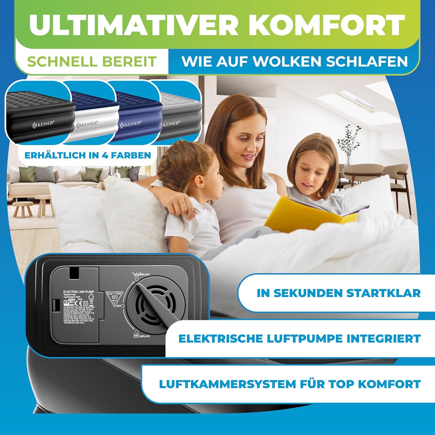 KESSER® Aufblasbare Matratze Luftbett Selbstaufblasend Gästebett mit eingebauter elektrischer Pumpe, Luftmatratze für Camping oder Heimgebrauch Mit Tasche, geeignet für 2 Person - 203 x 152,5 x 51cm — Ansicht 4