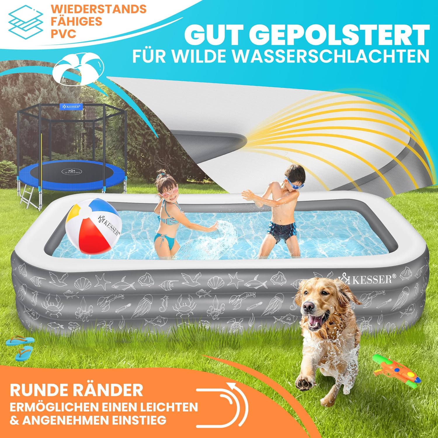 KESSER® Aufblasbarer Pool Familienpool für Kinder und Erwachsene Gartenschwimmbad Familienschwimmbad Sommer 305x183x56 cm Planschbecken 1180 Liter Füllmenge Kinderfreundlich Inkl. Flickzeug & Ball — Ansicht 3