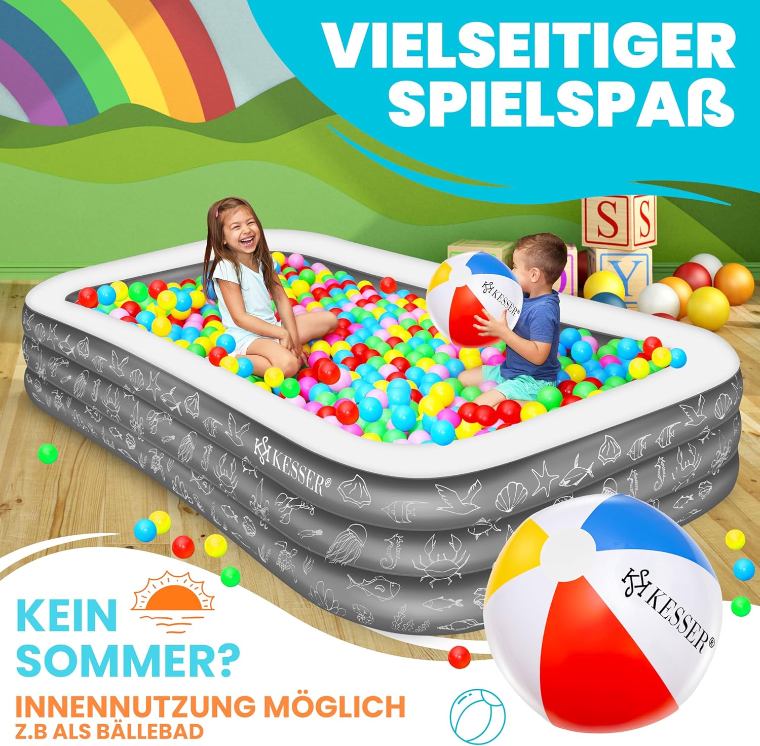 KESSER® Aufblasbarer Pool Familienpool für Kinder und Erwachsene Gartenschwimmbad Familienschwimmbad Sommer 305x183x56 cm Planschbecken 1180 Liter Füllmenge Kinderfreundlich Inkl. Flickzeug & Ball — Ansicht 6