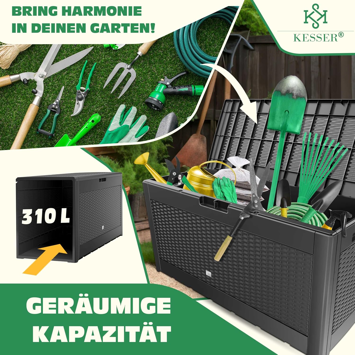 KESSER® Auflagenbox Kissenbox 310L, Klicksystem, mit Rollen & Haltegriffen, Deckel mit Hubautomatik, abschließbar, bis zu 290kg, Gartenbox Wasserdicht, Vielseitige Kissenbox, Rattanoptik-Anthrazit — Ansicht 3