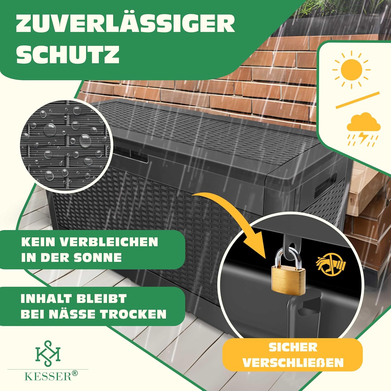 KESSER® Auflagenbox Kissenbox 310L, Klicksystem, mit Rollen & Haltegriffen, Deckel mit Hubautomatik, abschließbar, bis zu 290kg, Gartenbox Wasserdicht, Vielseitige Kissenbox, Rattanoptik-Anthrazit — Ansicht 4