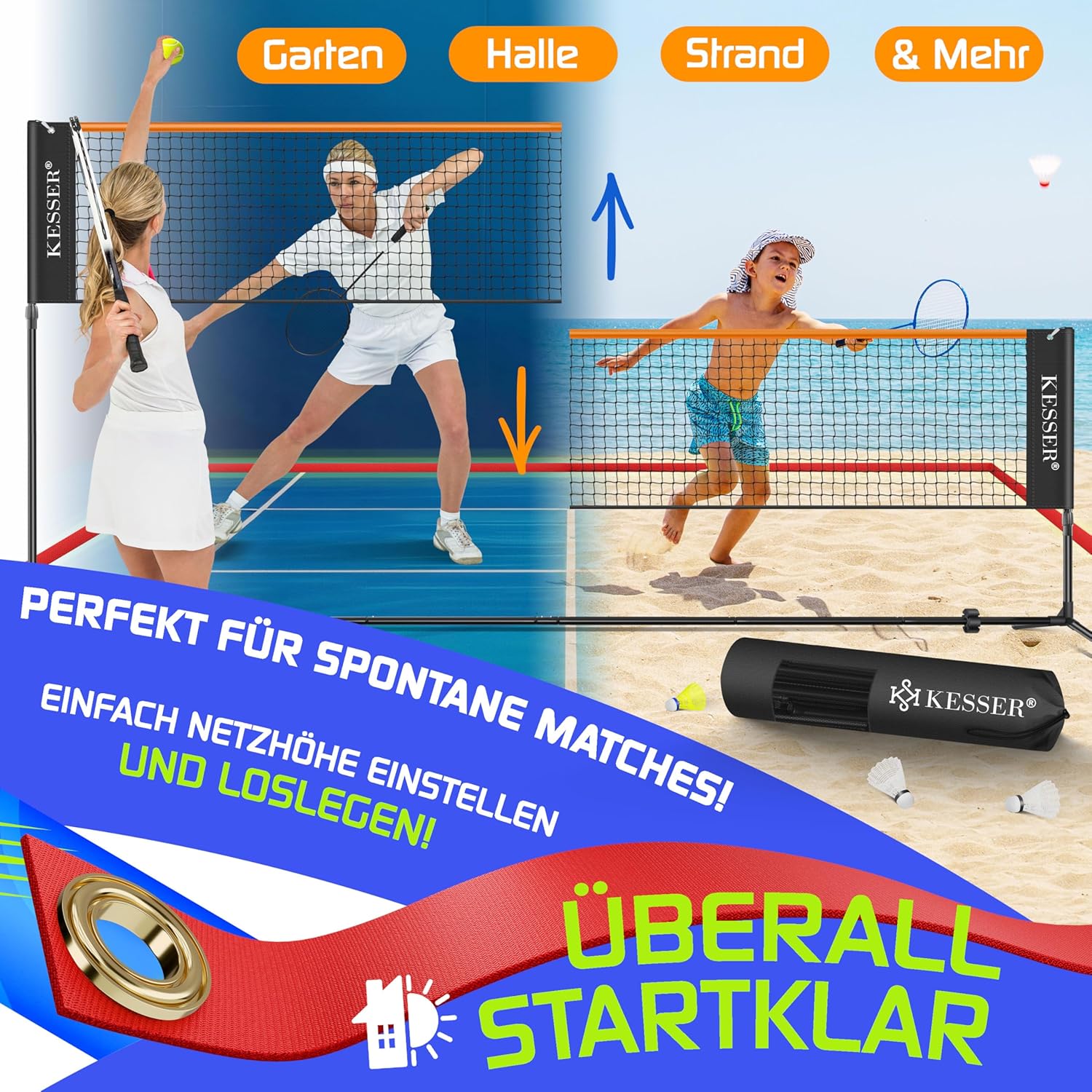 KESSER® Badmintonnetz Tennisnetz | Federballnetz 3-Fach-Höhenverstellbar 107/120/155cm, Set bestehend aus Netz, 3X Federball & 3X Tennisball, Transporttasche, stabilem Eisen-Gestell, Indoor & Outdoor — Ansicht 3