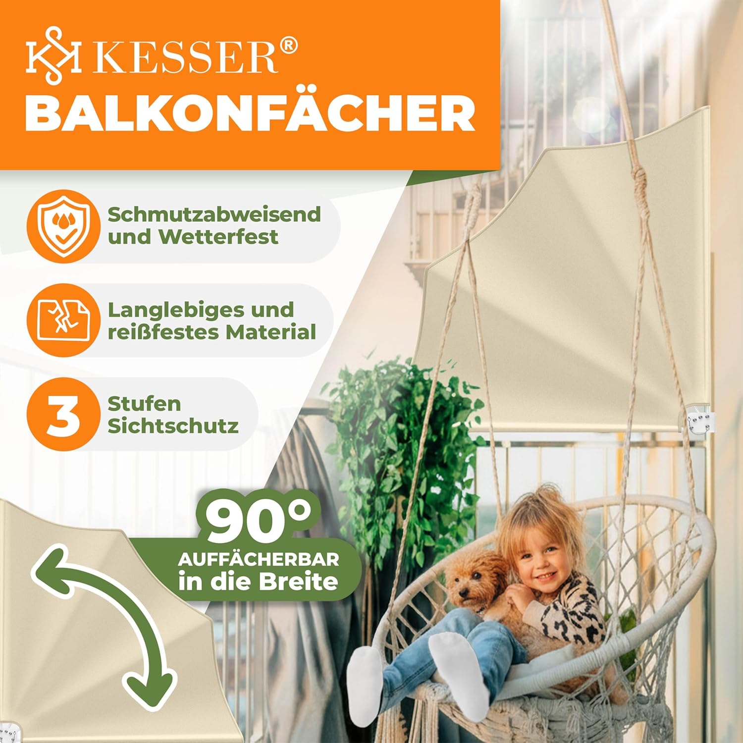 KESSER® Balkonfächer klappbar mit Wandhalterung | 140x140cm | Sichtschutz Balkon Windschutz | Balkonsichtschutz | Seitenmarkise | witterungsbeständig | inkl. Montagematerial & Schutzcover | Beige — Ansicht 2