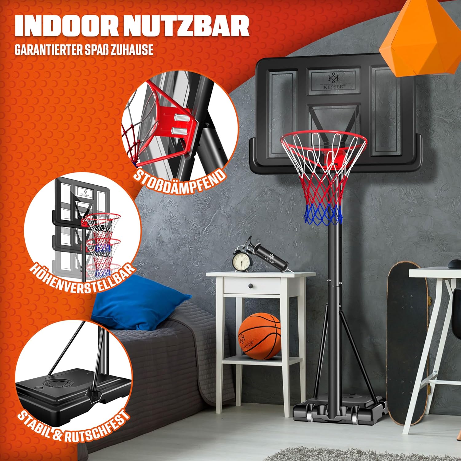 KESSER® Basketballkorb Set höhenverstellbar Mobiler Basketballständer mit Rollen, Backboard, Basketball, Pumpe & 2 Netzen - Indoor & Outdoor Basketballanlage für Kinder & Erwachsene — Ansicht 3
