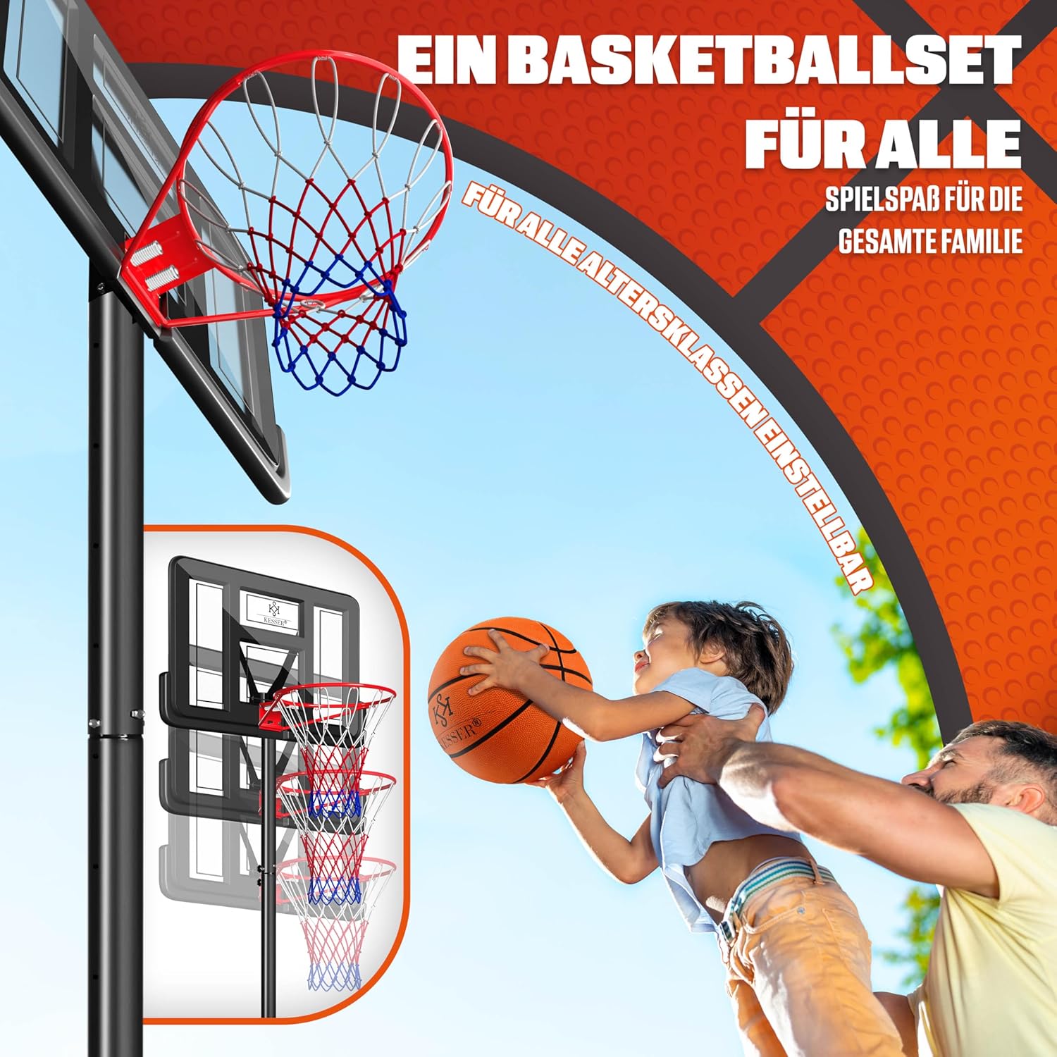 KESSER® Basketballkorb Set höhenverstellbar Mobiler Basketballständer mit Rollen, Backboard, Basketball, Pumpe & 2 Netzen - Indoor & Outdoor Basketballanlage für Kinder & Erwachsene — Ansicht 4
