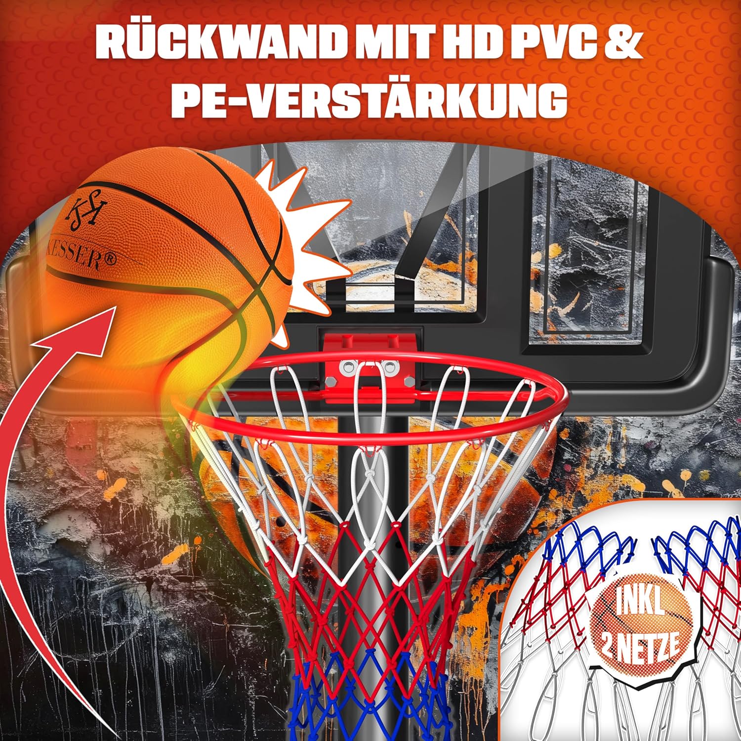 KESSER® Basketballkorb Set höhenverstellbar Mobiler Basketballständer mit Rollen, Backboard, Basketball, Pumpe & 2 Netzen - Indoor & Outdoor Basketballanlage für Kinder & Erwachsene — Ansicht 5