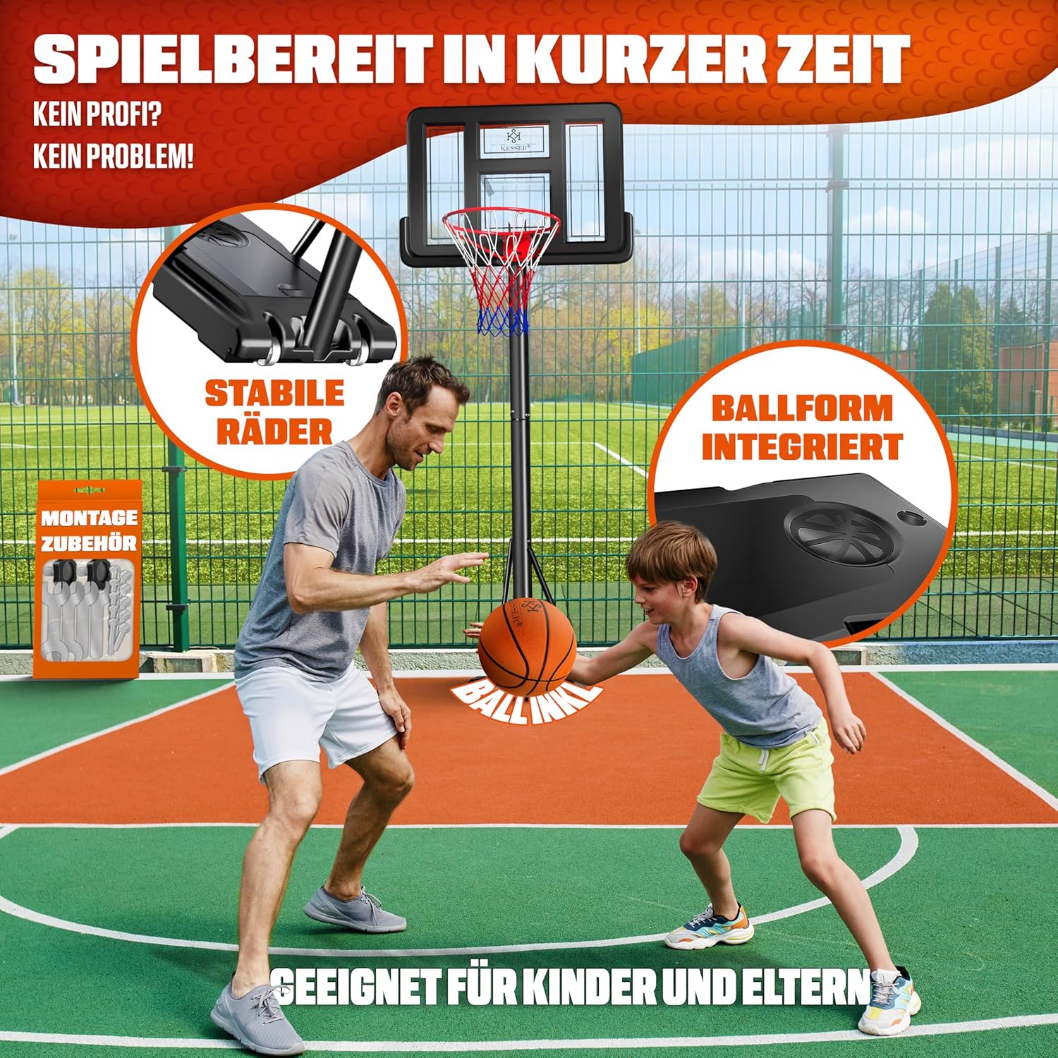 KESSER® Basketballkorb Set höhenverstellbar Mobiler Basketballständer mit Rollen, Backboard, Basketball, Pumpe & 2 Netzen - Indoor & Outdoor Basketballanlage für Kinder & Erwachsene — Ansicht 6