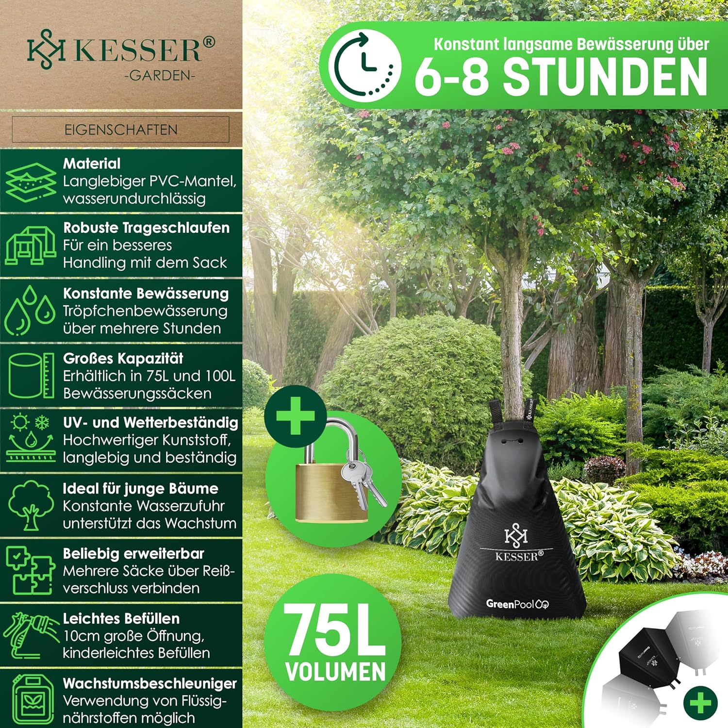 KESSER® Baum-Bewässerungssack 8er Set 75L Wassersack, Baumbewässerungsbeutel, PVC-Tasche langlebig & UV-beständig, Baumbeutel Garten Bewässerungssystem & gezielte Bewässerung von Bäumen, mit Schloss — Ansicht 2