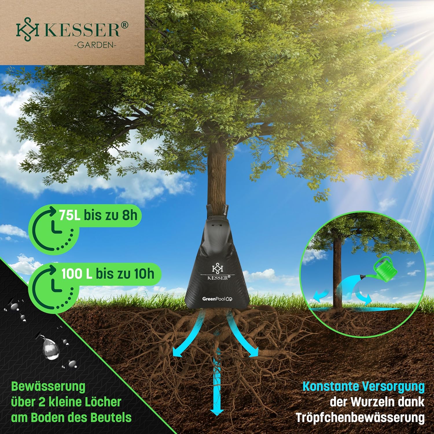 KESSER® Baum-Bewässerungssack 8er Set 75L Wassersack, Baumbewässerungsbeutel, PVC-Tasche langlebig & UV-beständig, Baumbeutel Garten Bewässerungssystem & gezielte Bewässerung von Bäumen, mit Schloss — Ansicht 6