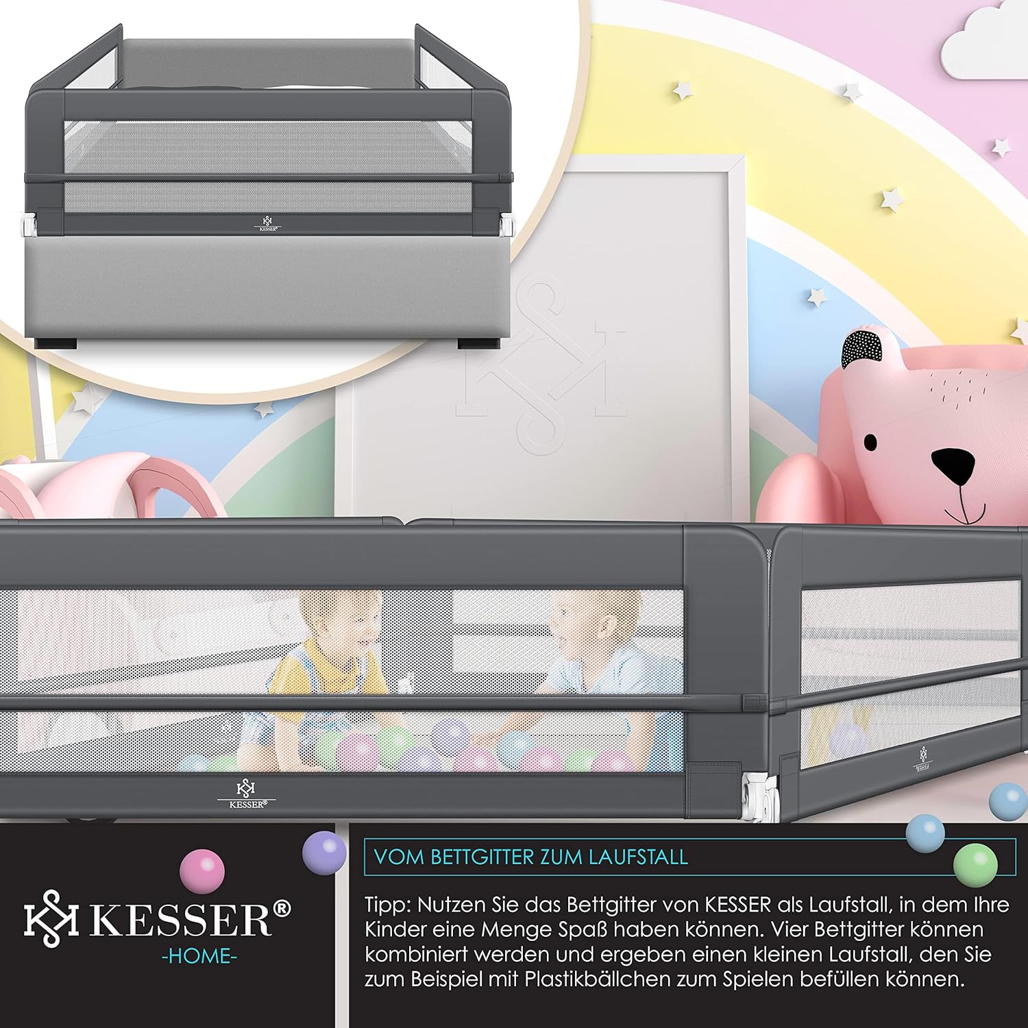 KESSER® Bettgitter 200 cm Bettschutzgitter Kinderbettgitter für Kinder Babybettgitter Klappbar, Tragbar, Kinderbett Kinderbettschutzgitter Rausfallschutz, Bett & Elternbett hoch: 42 cm, Dunkelgrau — Ansicht 6