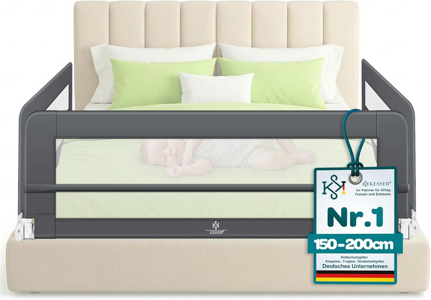 KESSER® Bettgitter 200 cm Bettschutzgitter Kinderbettgitter für Kinder Babybettgitter Klappbar, Tragbar, Kinderbett Kinderbettschutzgitter Rausfallschutz, Bett & Elternbett hoch: 42 cm, Dunkelgrau