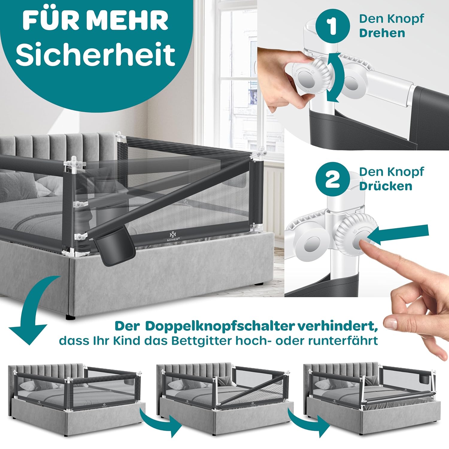 KESSER® Bettschutzgitter 180 cm, Rausfallschutz Bett & Bettgitter Kinderbett, klapp- & höhenverstellbar, Kindersicherung Baby Fallschutz, Mesh Netz, Kinderbett Schutzgitter + Tasche, Dunkelgrau — Ansicht 3