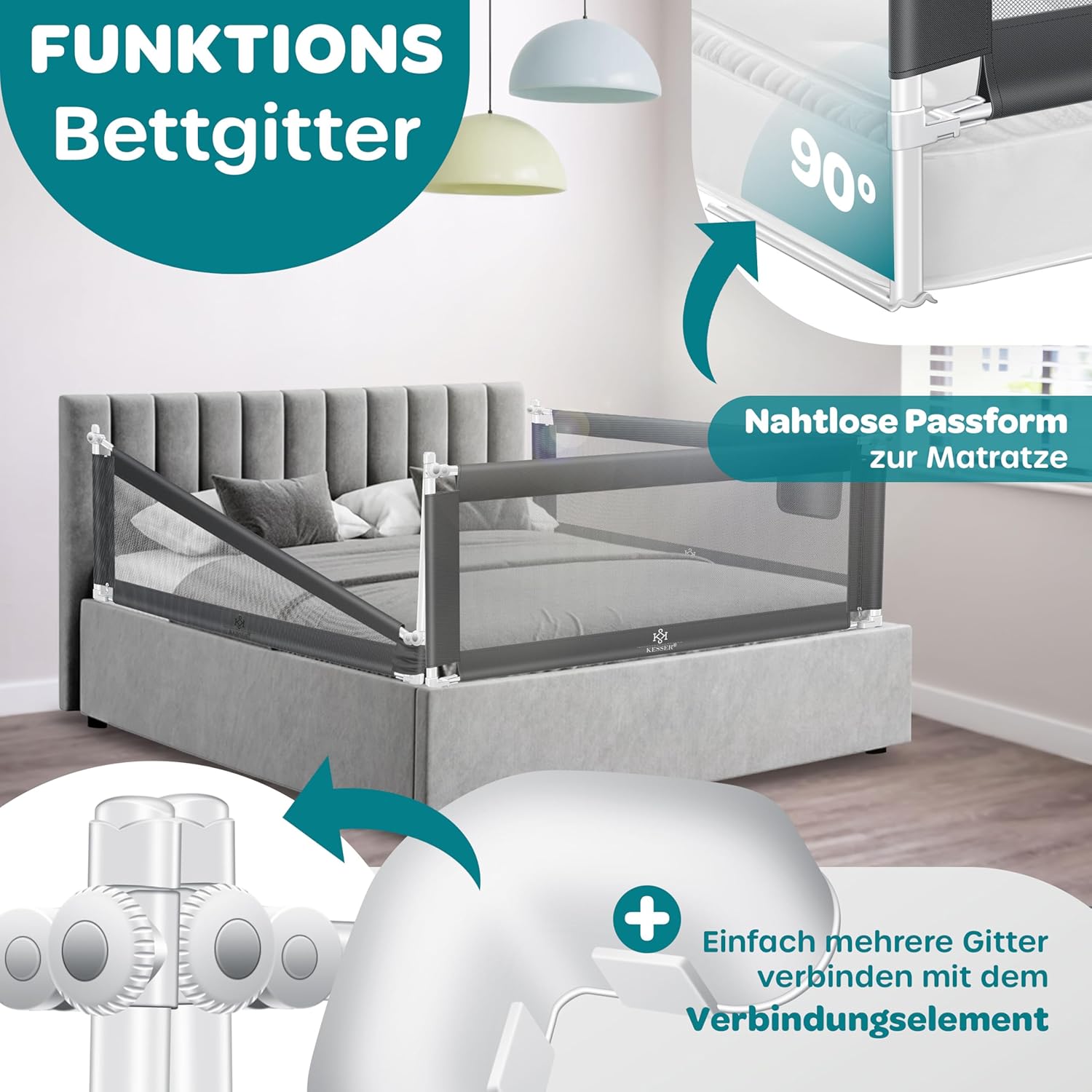 KESSER® Bettschutzgitter 180 cm, Rausfallschutz Bett & Bettgitter Kinderbett, klapp- & höhenverstellbar, Kindersicherung Baby Fallschutz, Mesh Netz, Kinderbett Schutzgitter + Tasche, Dunkelgrau — Ansicht 5