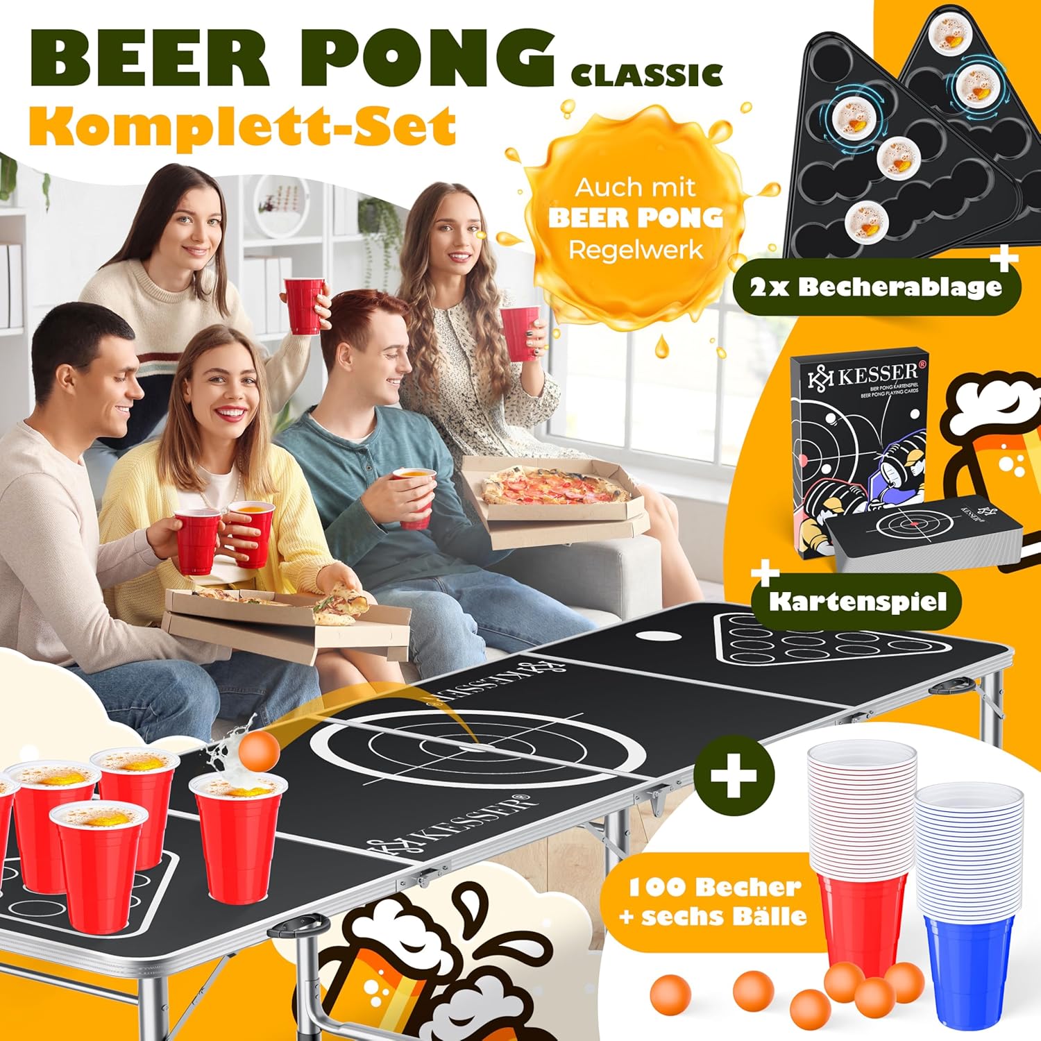 KESSER® Bier Pong Tisch Set mit Kartenspiel, Table Höhenverstellbar & Klappbar, Trinkspiel inkl. 100 Becher (50 Rot & 50 Blau), 6 Bälle & Regelwerk, Partyspiel, 2X Becherablagen — Ansicht 2