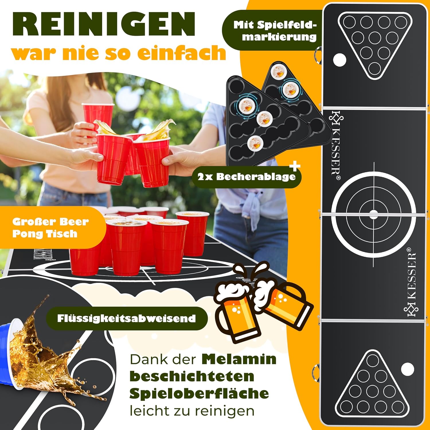 KESSER® Bier Pong Tisch Set mit Kartenspiel, Table Höhenverstellbar & Klappbar, Trinkspiel inkl. 100 Becher (50 Rot & 50 Blau), 6 Bälle & Regelwerk, Partyspiel, 2X Becherablagen — Ansicht 4