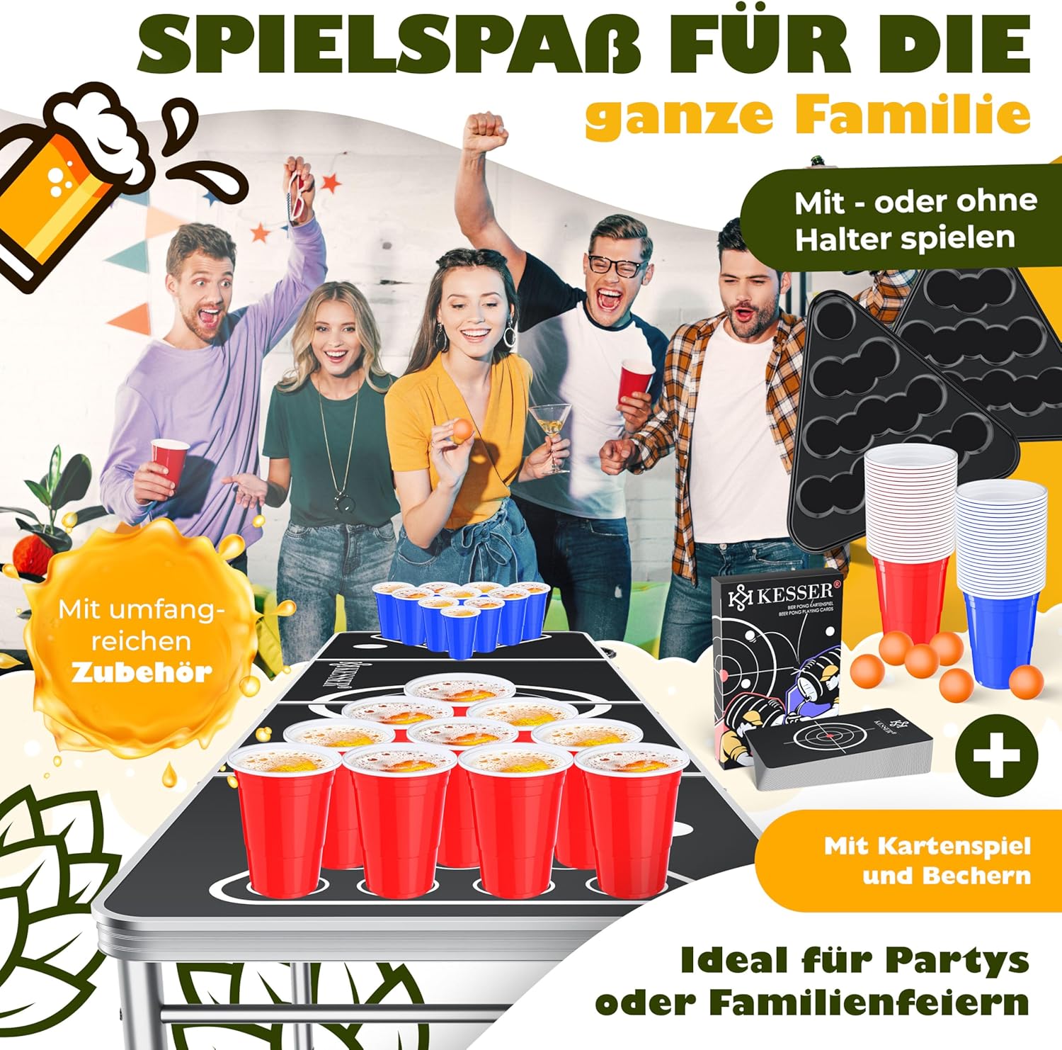 KESSER® Bier Pong Tisch Set mit Kartenspiel, Table Höhenverstellbar & Klappbar, Trinkspiel inkl. 100 Becher (50 Rot & 50 Blau), 6 Bälle & Regelwerk, Partyspiel, 2X Becherablagen — Ansicht 6