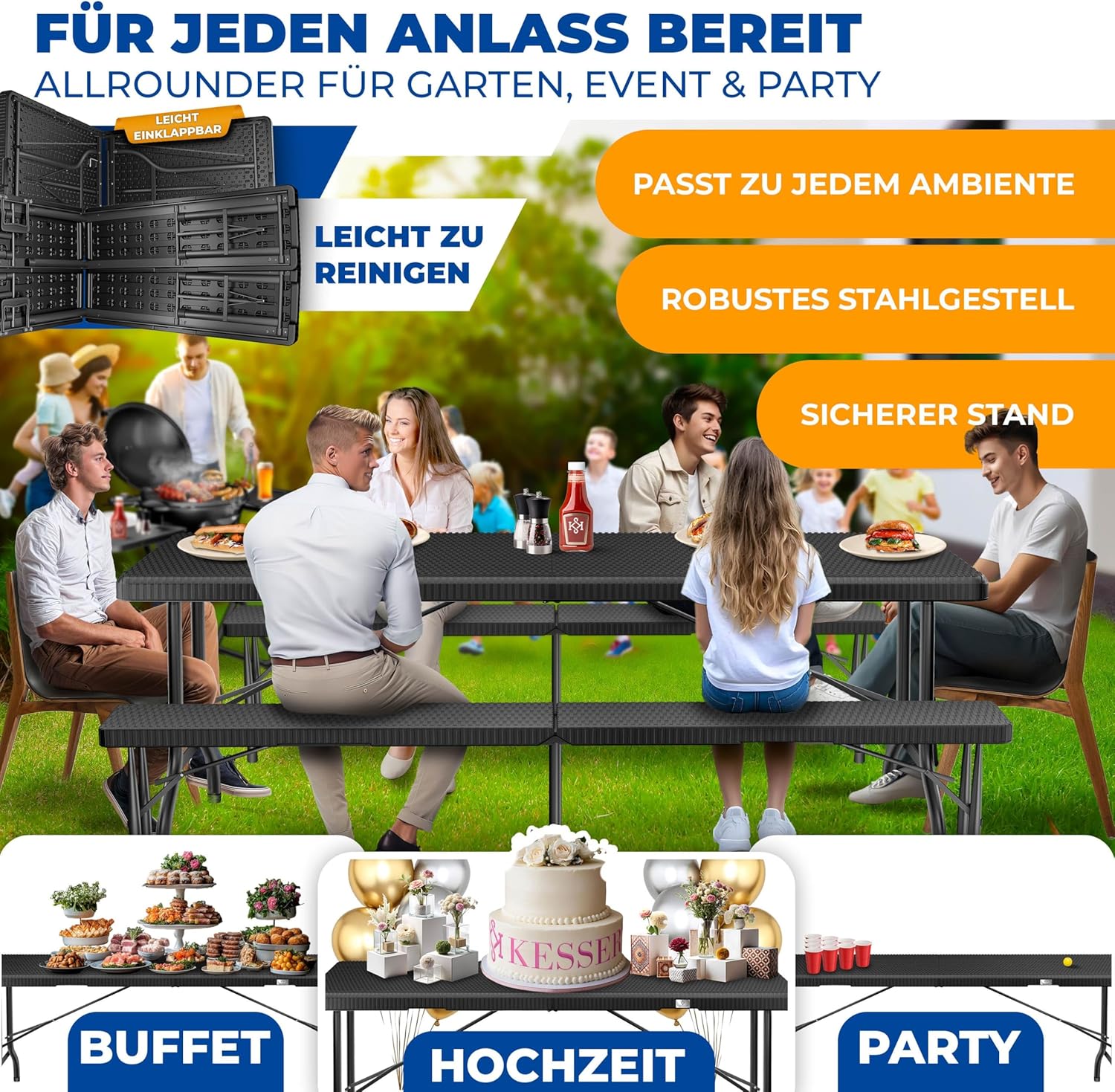KESSER® Bierzeltgarnitur 3-teilig Set Tisch & 2x Bank | Buffettisch für drinnen & draußen Gartengarnitur klappbar 183x76x74cm Kunststoff Klapptisch Rattan-Look Gartentisch Inkl Abdeckung & Tragegriffe — Ansicht 3