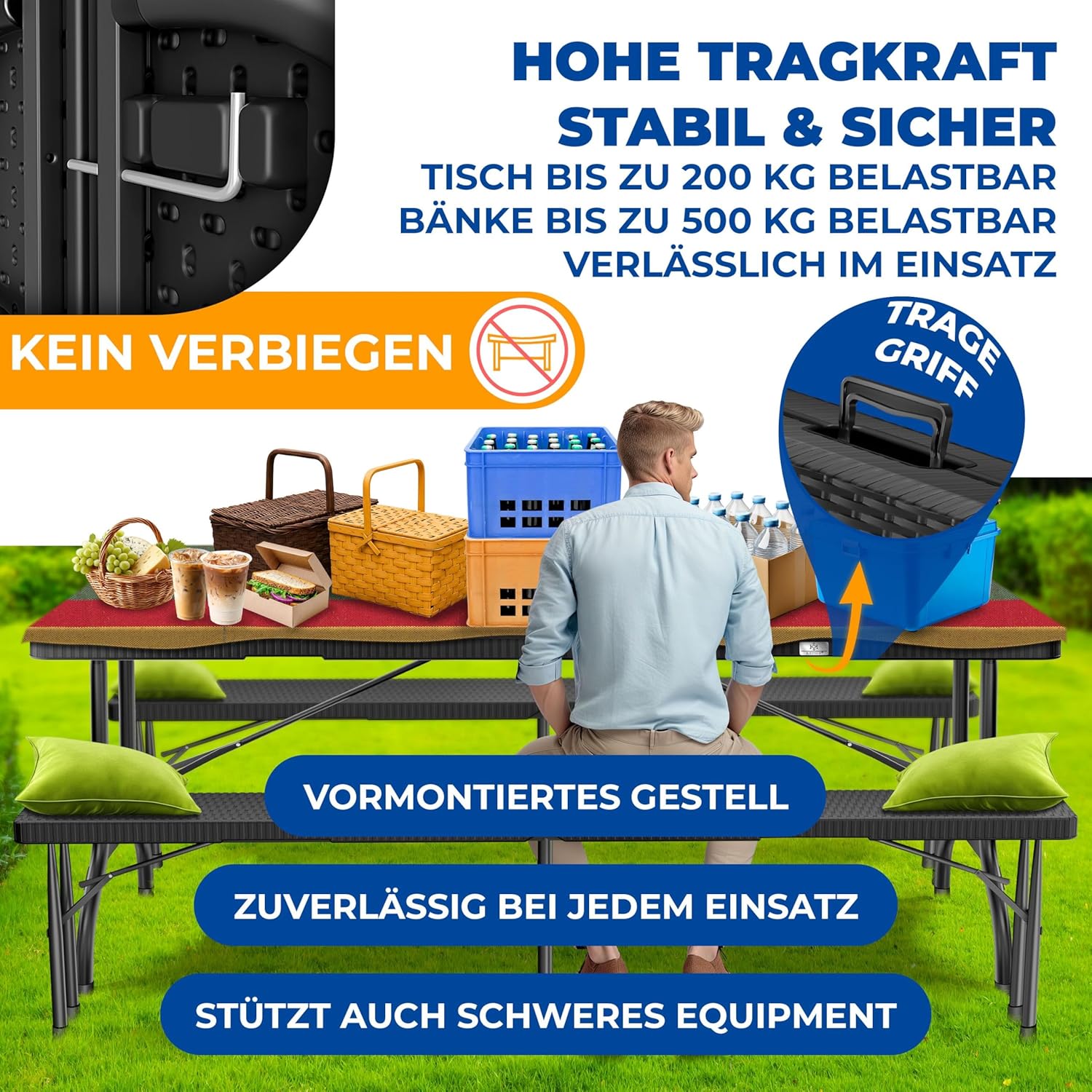 KESSER® Bierzeltgarnitur 3-teilig Set Tisch & 2x Bank | Buffettisch für drinnen & draußen Gartengarnitur klappbar 183x76x74cm Kunststoff Klapptisch Rattan-Look Gartentisch Inkl Abdeckung & Tragegriffe — Ansicht 4