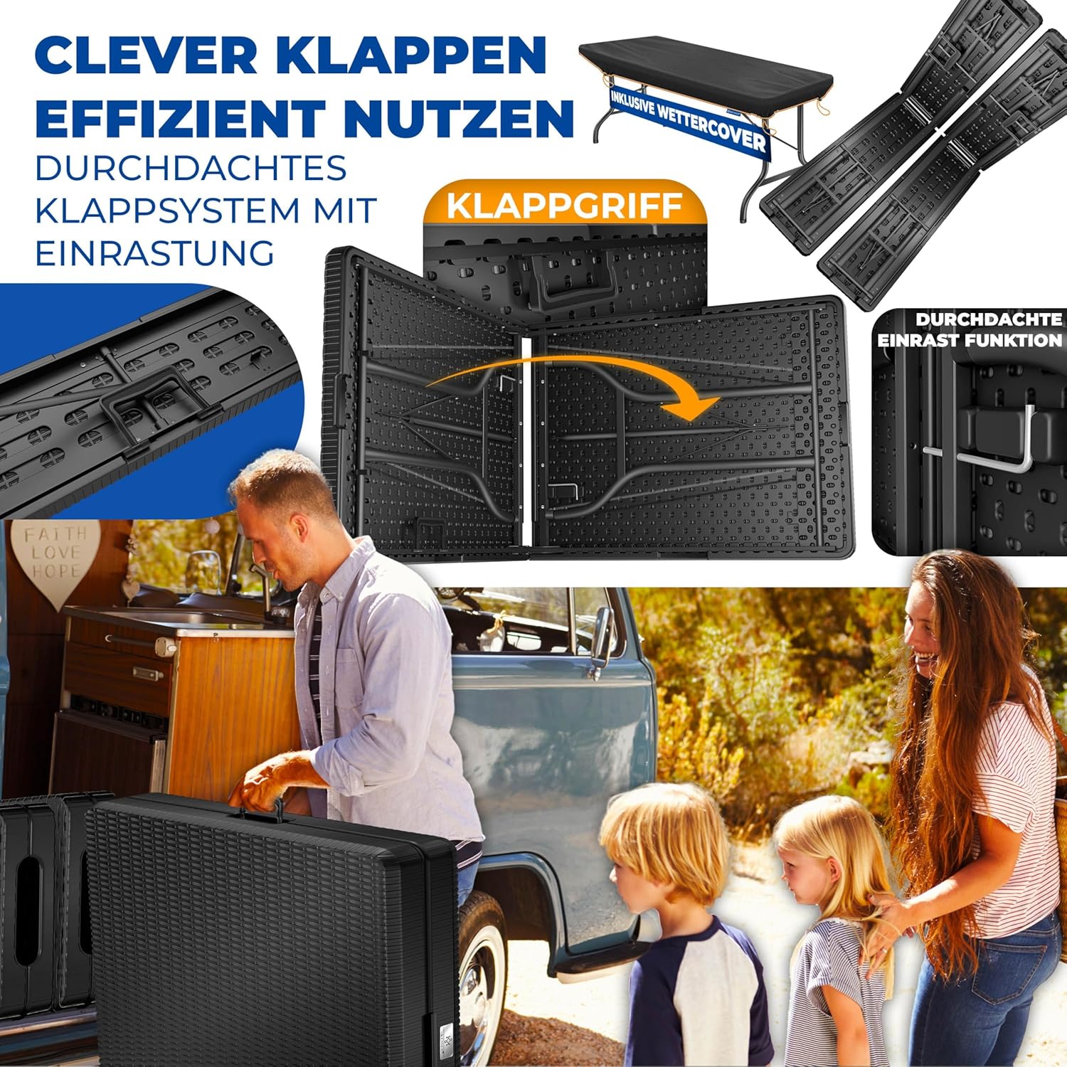 KESSER® Bierzeltgarnitur 3-teilig Set Tisch & 2x Bank | Buffettisch für drinnen & draußen Gartengarnitur klappbar 183x76x74cm Kunststoff Klapptisch Rattan-Look Gartentisch Inkl Abdeckung & Tragegriffe — Ansicht 5