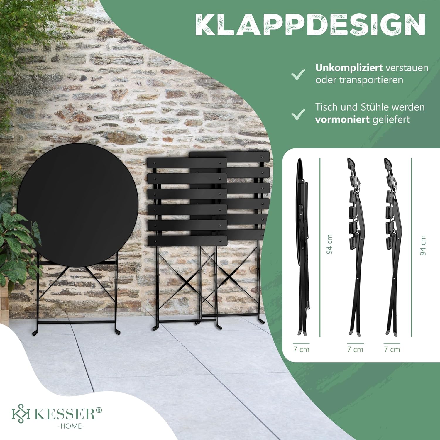 KESSER® Bistroset 3-teilig | Bistrotisch 2 klappbare Stühle Balkonset Balkonmöbel Klapp-Möbel Gartenset Sitzgarnitur Gartengarnitur Gartenmöbel Sitzgruppe Metall | Gartentisch mit Abdeckung Schwarz — Ansicht 3