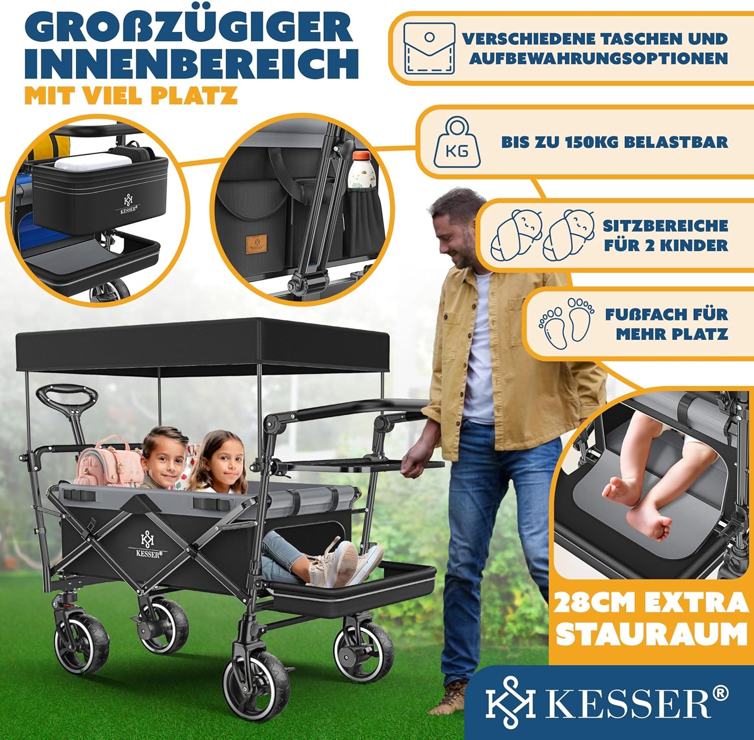 KESSER® Bollerwagen Faltbar GTS-9100 mit Dach Handwagen Transportwagen klappbar belastbar bis 150kg mit Hartgummi-Räder & Feststellbremsen Vorne/Hinten Inkl. Schloss, Abdeckung, Wetter & Sichtschutz — Ansicht 2